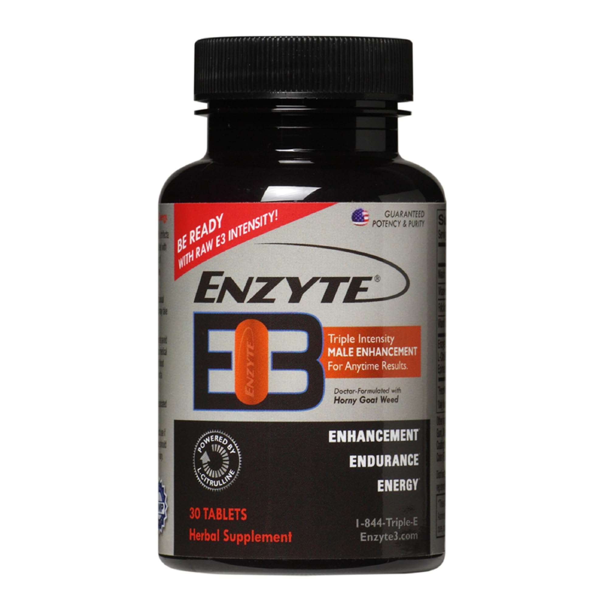 Enzyte3® Natural Male Enhancement Supplement for Energy and Endurance - L-Citrulline, Epimedium, Guarana Seed Extract, & Horny Goat Weed and More - 30 Tablets