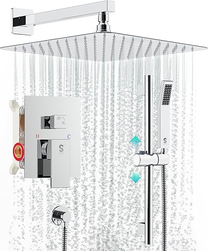SR SUN RISE Grifo de ducha cuadrado de 10 pulgadas, barra deslizante ajustable de 16 pulgadas con manguera, cabezal de ducha de lluvia cuadrado y