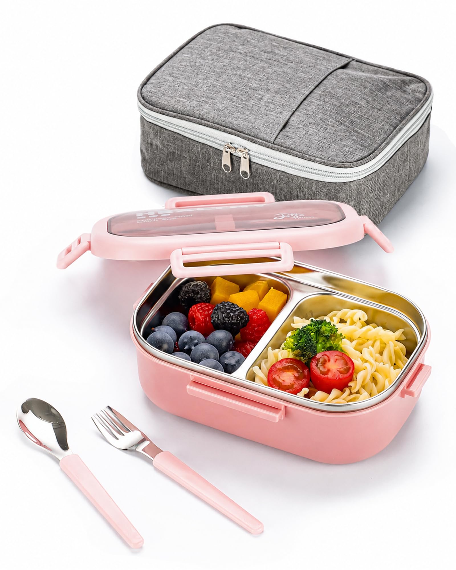 28oz Stainless Steel Leakproof 2-Compartment Bento Lunch Box | Portion Control Metal Lunch Box Food Container with Lunch Bag and Cutlery Set, BPA Free (Pink)