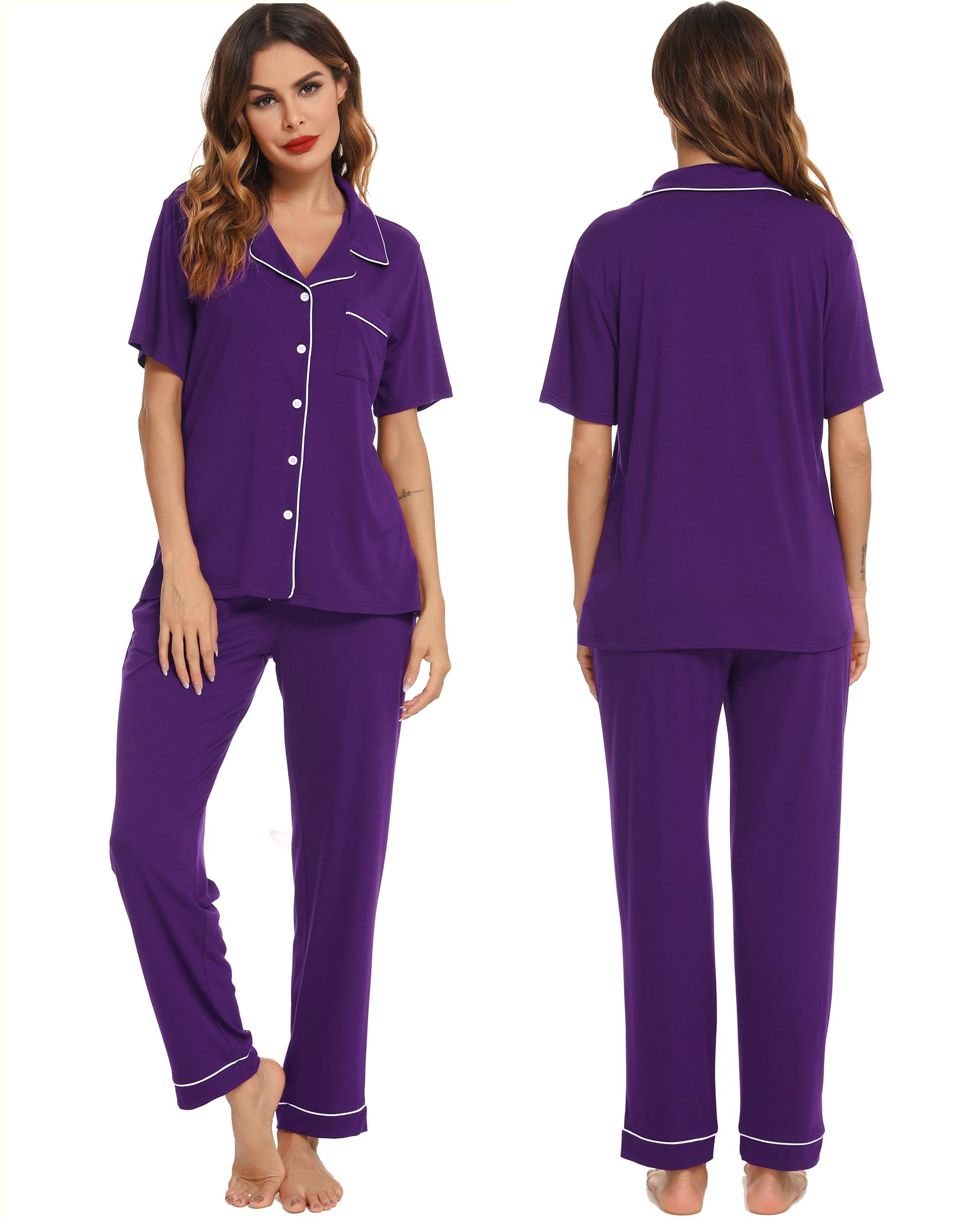 Lovasy Pigiama Donna Estivo Set,Corta Pigiama Camicia con Bottoni sul Bavero Comodo Pantaloni Lunghi Traspiranti Pigiama da Casa Casual in Due Pezzi S-XXL