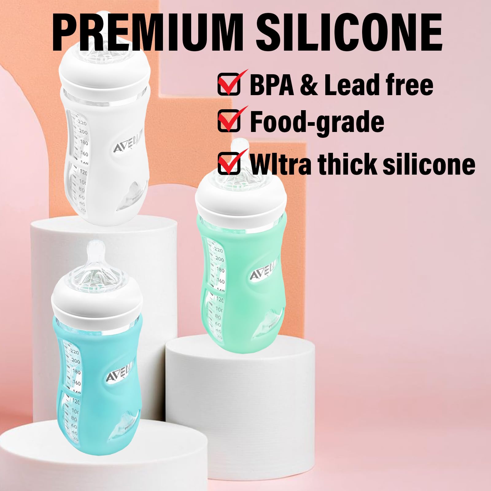GADITIEK Confezione da 3 custodie in silicone per biberon Avent Natural, in vetro, infrangibili, compatibili con i biberon Philips Avent Natural, in vetro da 240 ml (240 ml)