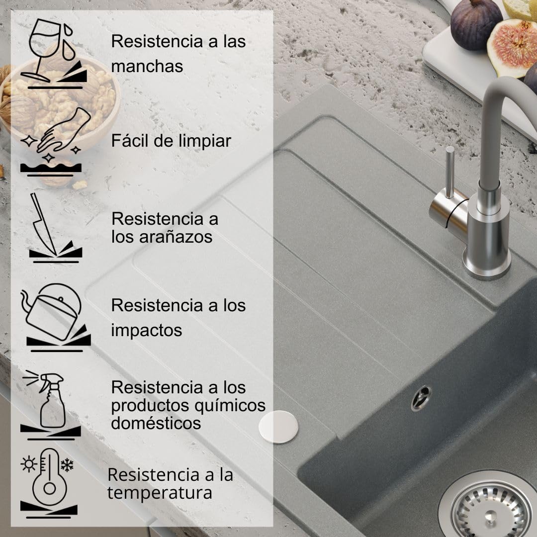 QUADRON Fregadero de granito READY-MAX de granito, 77 x 44 x 17,5 cm, gris, juego de fregadero, grifo de cocina, sifón y dispensador de jabón