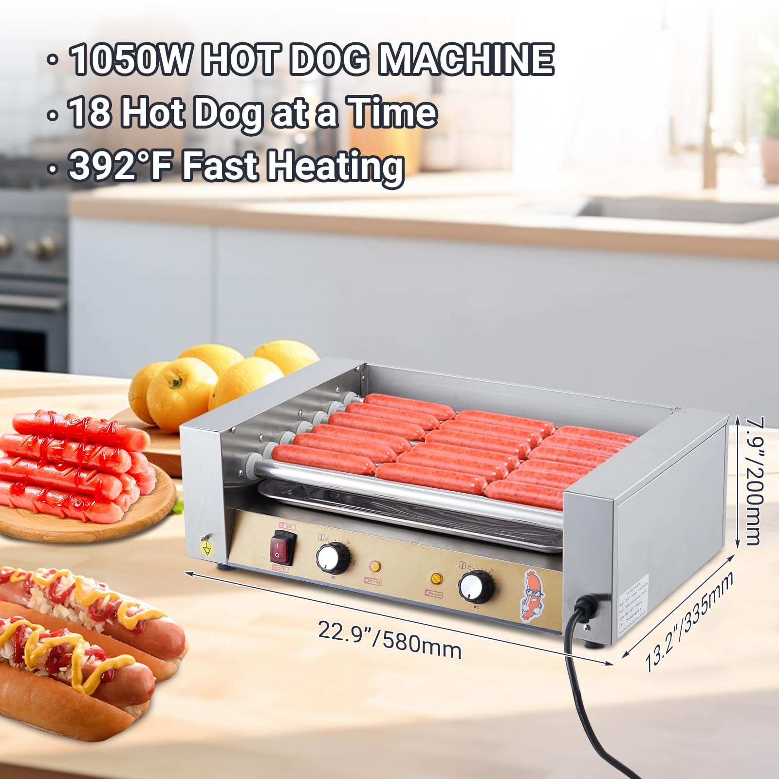 Hot Dog Roller - Sausage Grill Cooker Machine, Stainless Steel Hotdog Roller Grill With Removable Drip Tray, Dual Temp Control, Hot Dog Machine for Home Commercial Party (7 Roller 1050W)