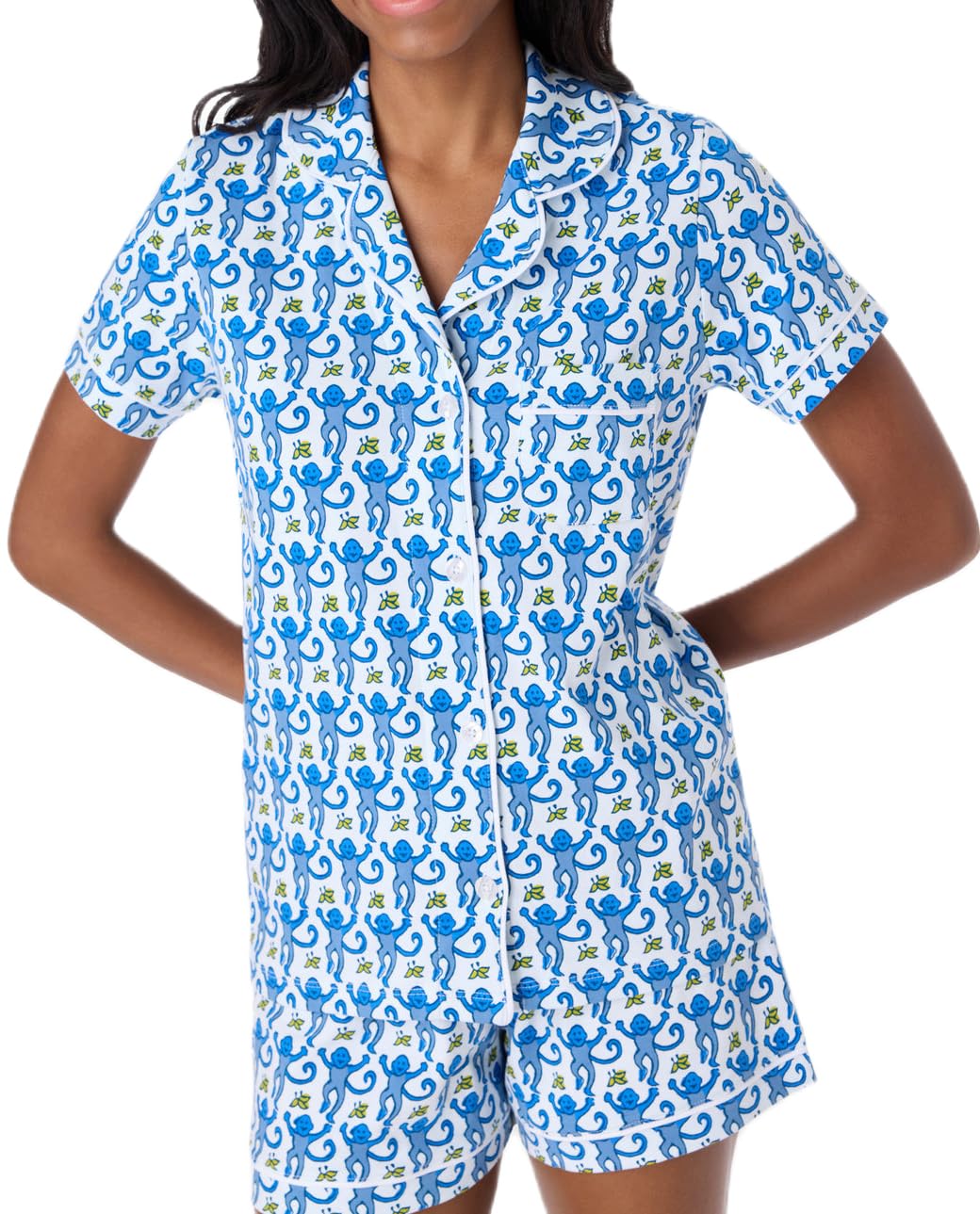 YiulangdeWomen's Y2k Monkey Print Pajamas Preppy 2 Piece Button Front Sleep Pjs Shirts and Boxer Shorts Outfit Lounge Sets
