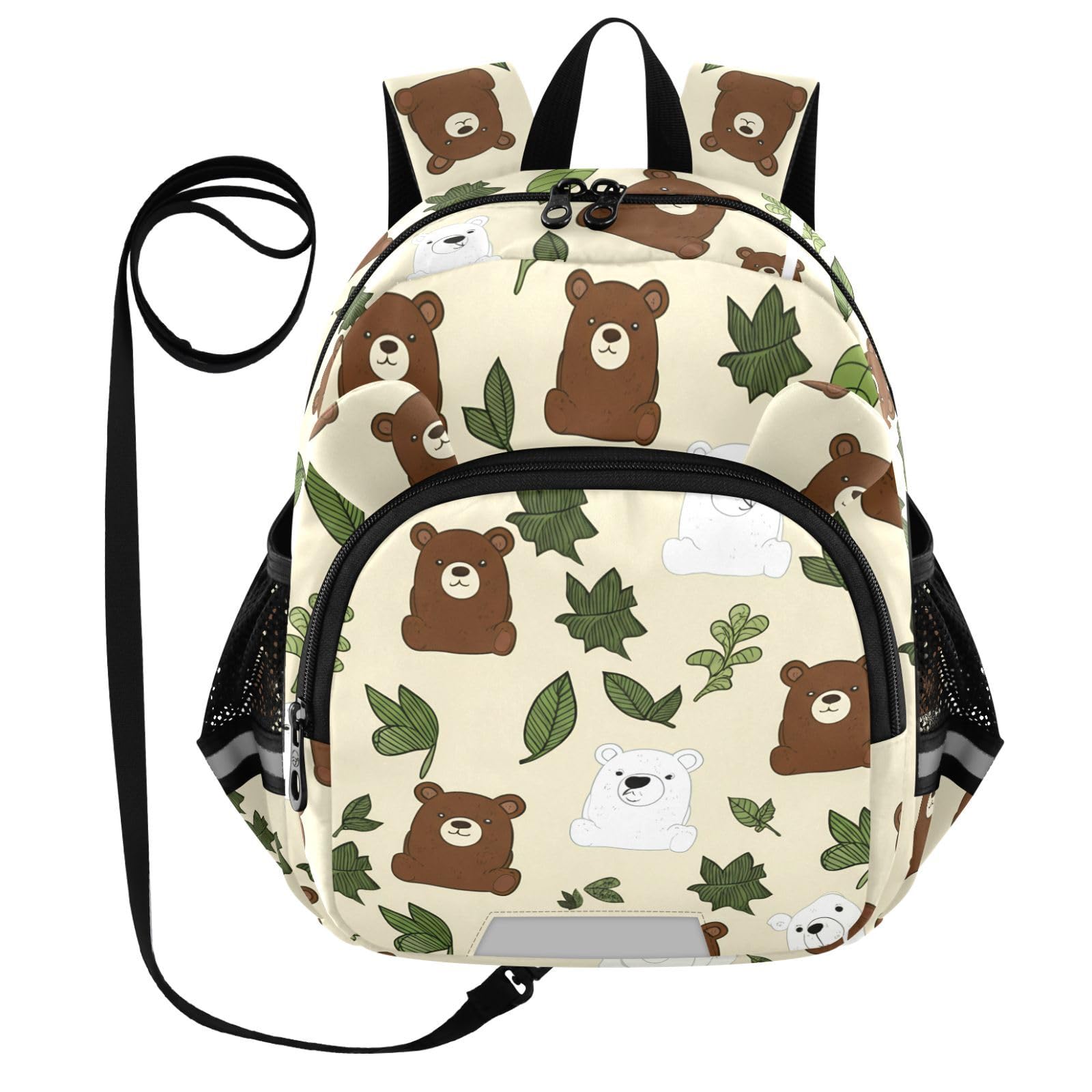 Brown Bear Leaves Beige Toddler Harness Backpack for Boys Girls 3-6 Years Kids Backpack with Anti Lost Safety Leash Child Leash Backpack for Travel Walking Preschool