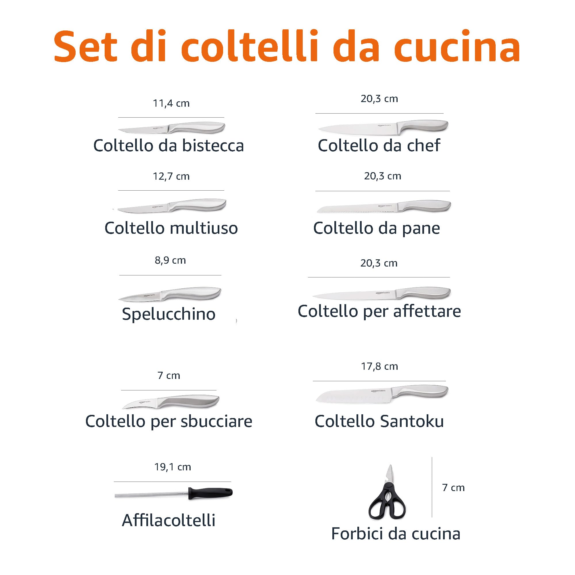 Amazon Basics 18 unità coltelli in acciaio INOX con impugnatura confortevole e blocco, Nero