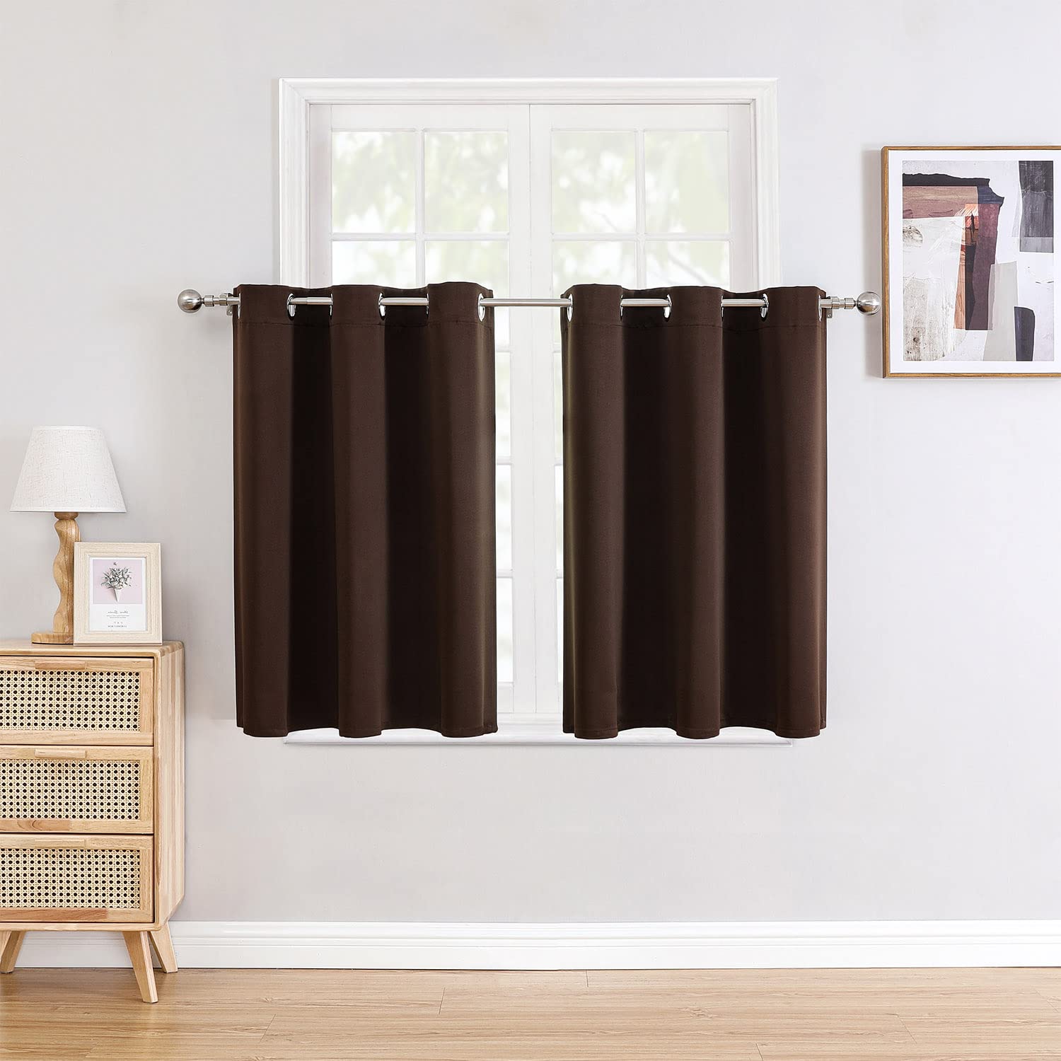 ChrisDowa Small Window Curtains for Kitchen and Bedroom - Grommet Short Thermal Insulated Room Darkening Curtains (2 Panels, Brown, 42 x 36 Inch)