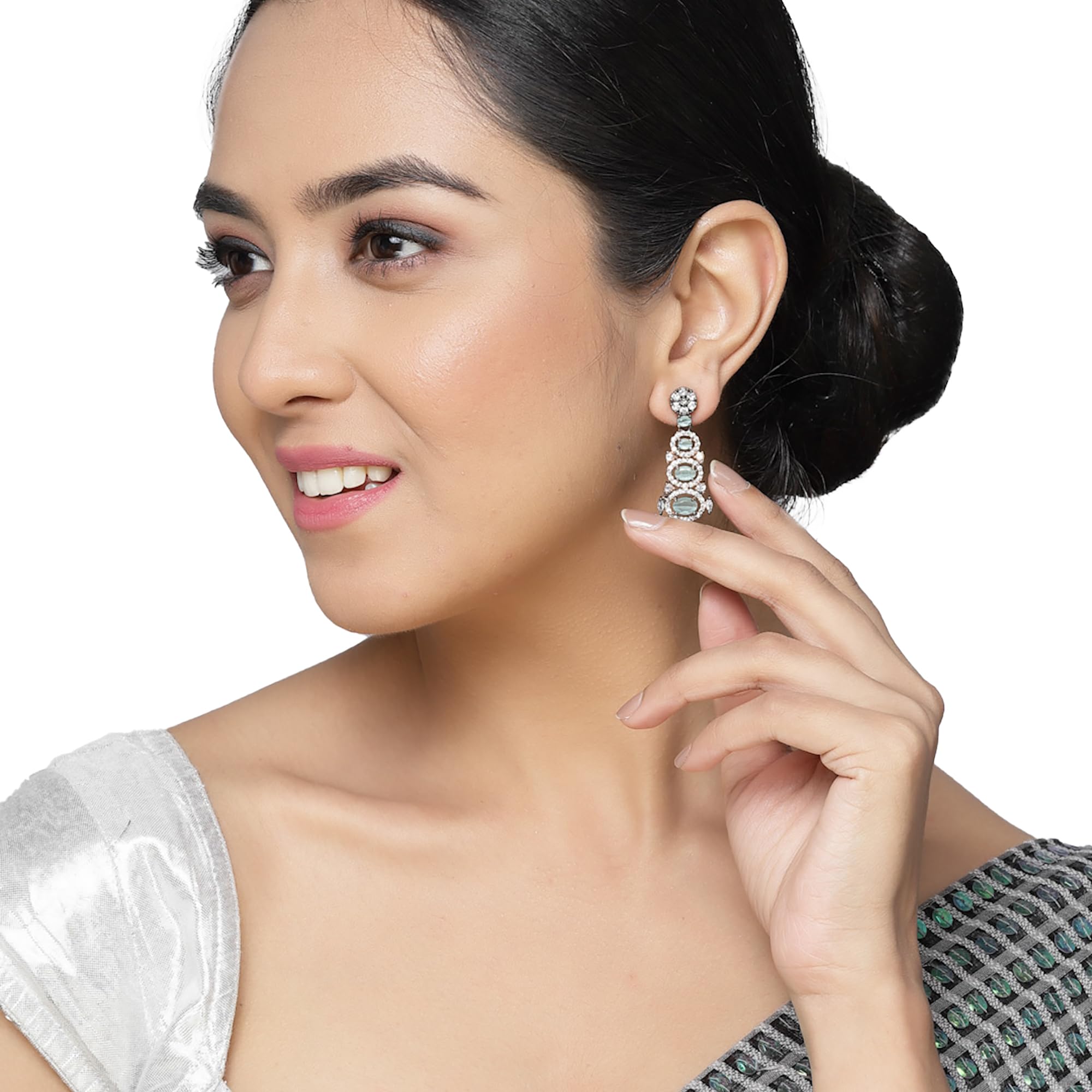 Rhodium-Plated American Diamond Studded Drop Earrings