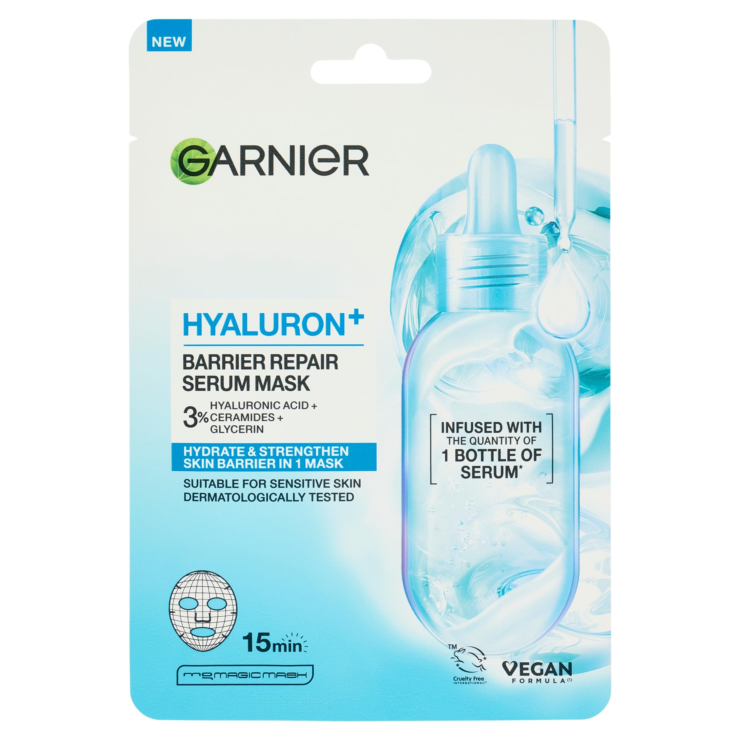 Garnier Hyaluron+ Barrier Repair Serum Mask, Hydrates & Repairs with Hyaluronic Acid & Ceramides, Intense Hydration, Skin Barrier Strengthening, For Sensitive Skin, Vegan Tissue Mask