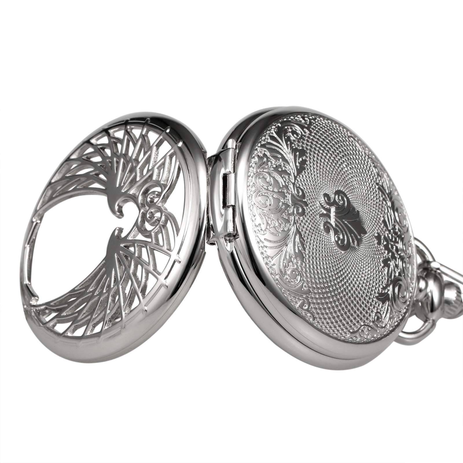 Treeweto Montre à Gousset mécanique avec Ailes d'aigle Double boîtier Creux Chiffre Romain avec chaîne Coffret Cadeau