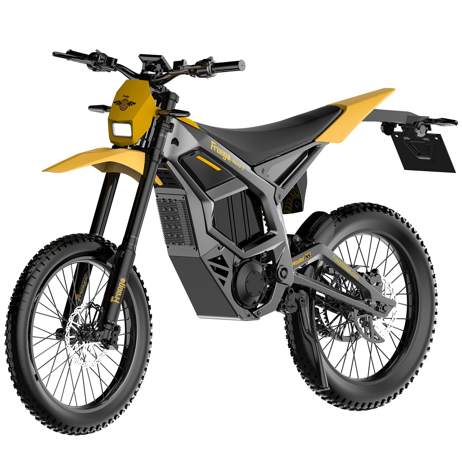 Freego Nova 5 Electric Dirt Bike with 8000W peak motor, 53MPH max speed, and 70 miles max range.