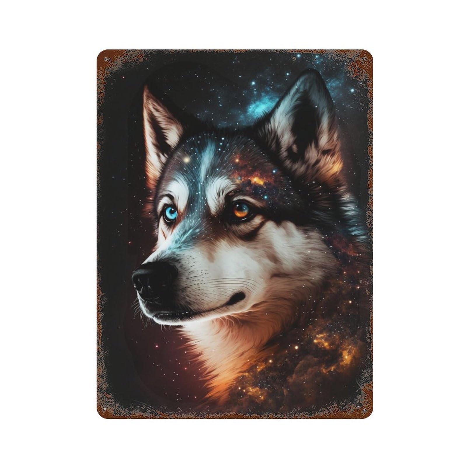 Rust Effect Galactic Wolf Portrait -44 Vintage Rust Metal Sign 15.7"x11.8", Decorative Metal Wall Art for Shed, Workshop And Garage Wall Decor