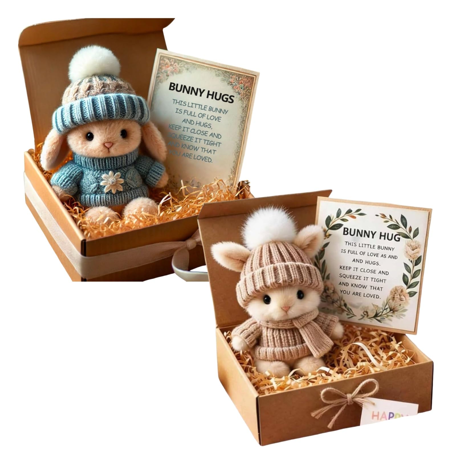 Mini Bunny Hug Cute Easter Gift, Mini Bunny Hug in Box, Emotional Support Positive Crochet Bunny with Inspirational Card, Handmade Plush Pocket Hug Rabbit Doll for Kids Family Friend (2PCS-e)