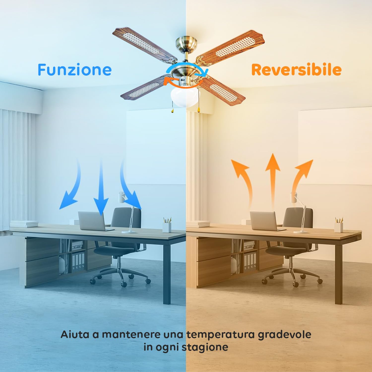 Wintem - Ventilatore da Soffitto 60W con Luce Ø106 cm con Pale in Legno per Ambienti Domestici e Lavorativi, Illuminazione Integrata da Lampada E27, Motore Silenzioso e Rotazione Reversibile