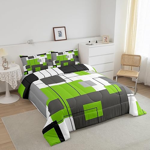 Miniatura 2 de Juego de ropa de cama geométrica verde lima, gris, tamaño Queen, negro, gris, blanco, geométrico, cuadrado, para niños y niñas, juego de edredón