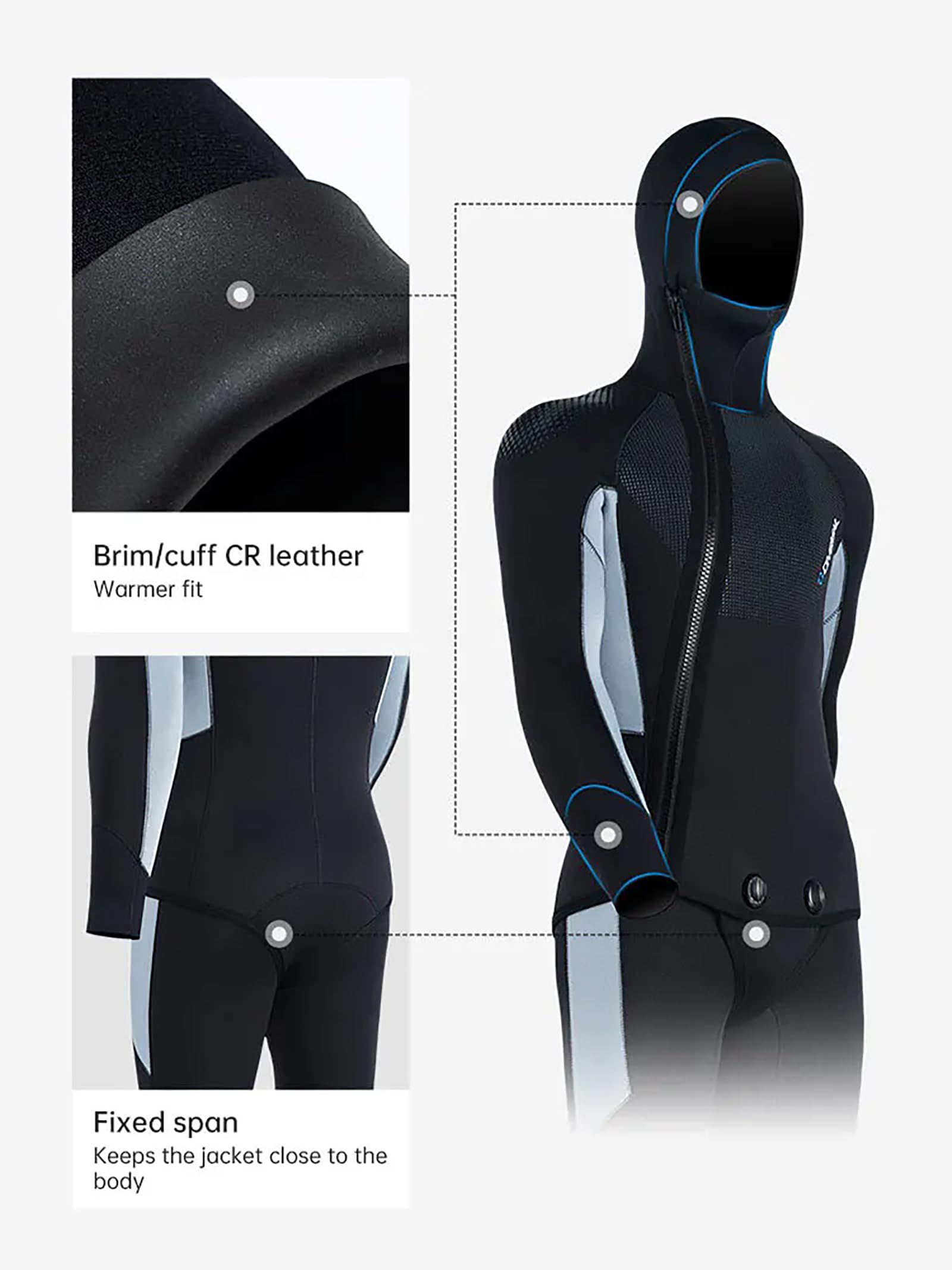 Nero,M,Muta in Neoprene 5mm per Uomo, Due Pezzi, con Cappuccio, Cerniera Frontale, Calda, Protezione UV per Snorkeling e Immersioni