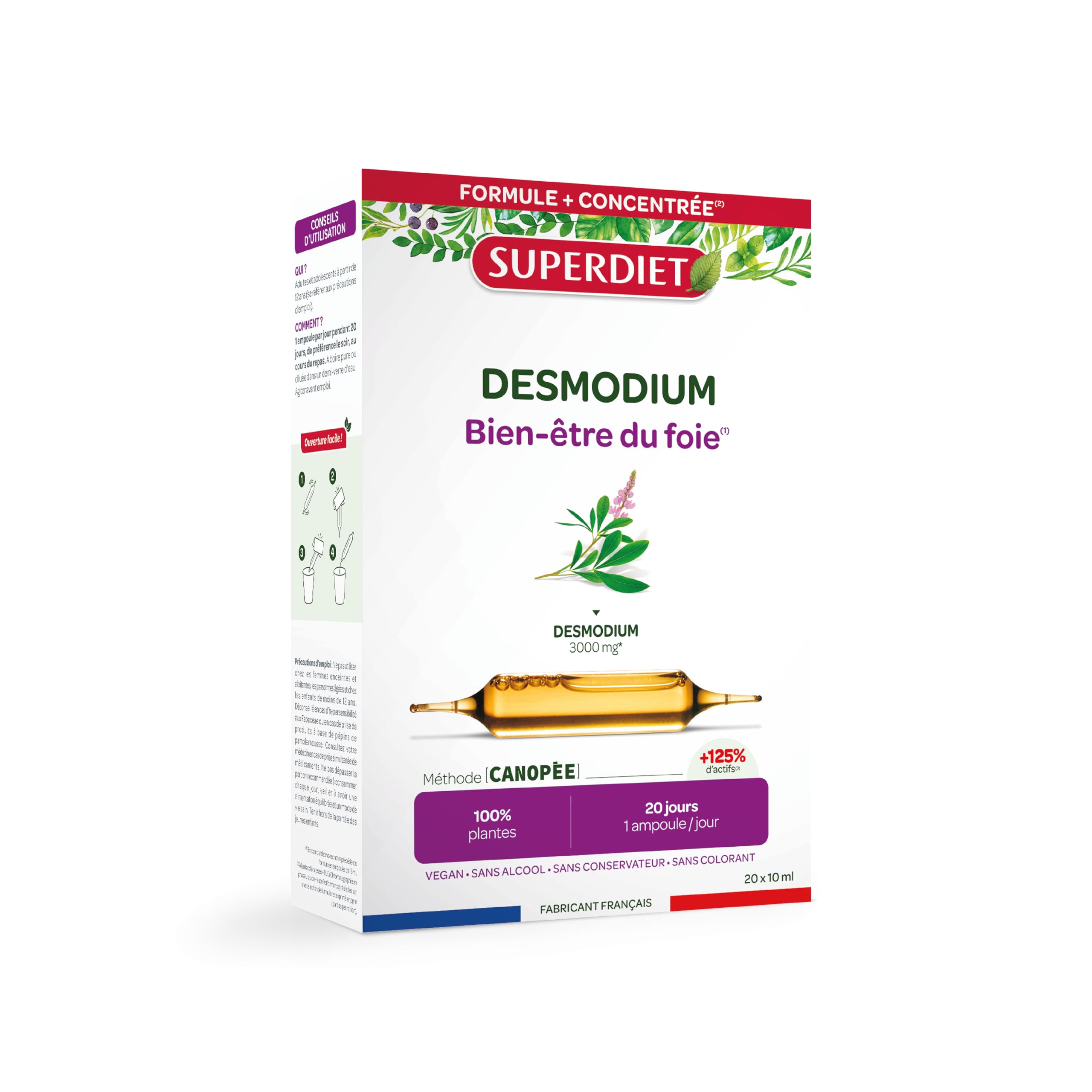 SUPERDIET - DESMODIUM - Bienestar Hepático - Aliado del Hígado - Fabricado en Francia - 20 Ampollas de 15ml