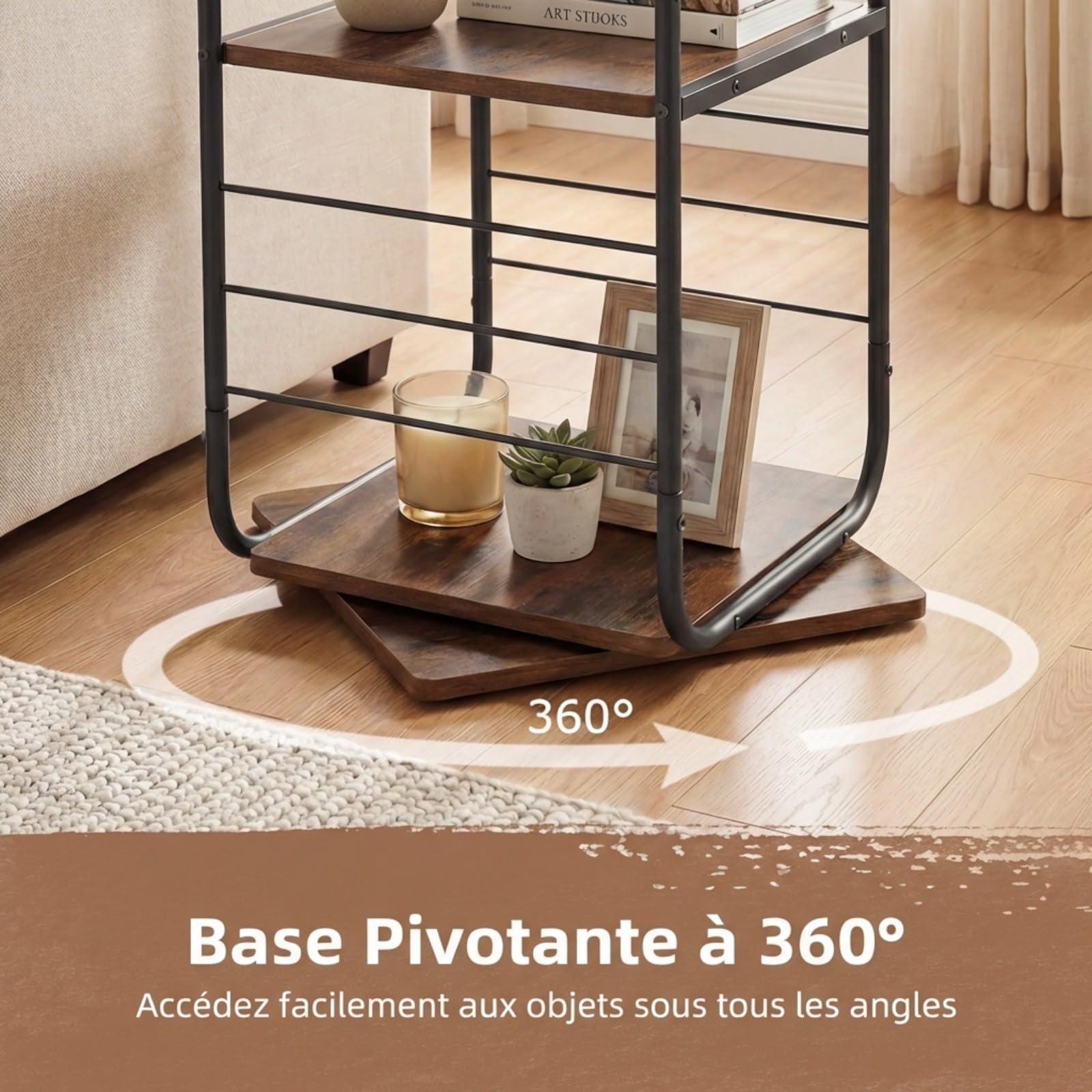 COSTWAY Meuble Rangement Vinyle à 4 Niveaux pour Disques Vinyles, Support Platine Vinyle pour Jusqu’à 210 Albums, Pivotant 360°, Meuble Tourne-Disque Vinyle en Métal, pour Salon (Marron Rustique)