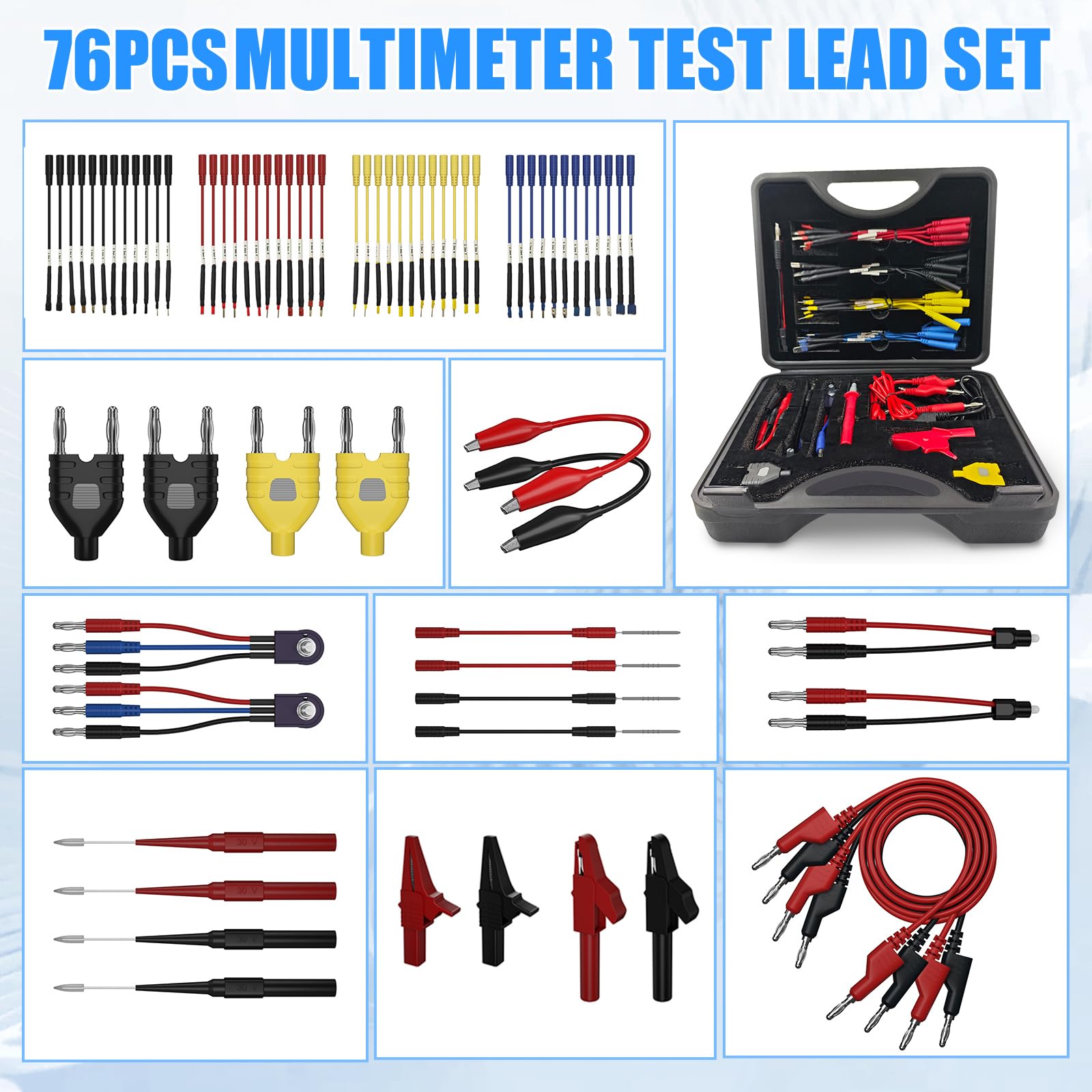 Kit de 76 cables de prueba de multímetro, cables de prueba con sondas de perforación de alambre reemplazables, clips de cocodrilo de 32 A/1000 V, adaptadores de enchufe de plátano, puentes