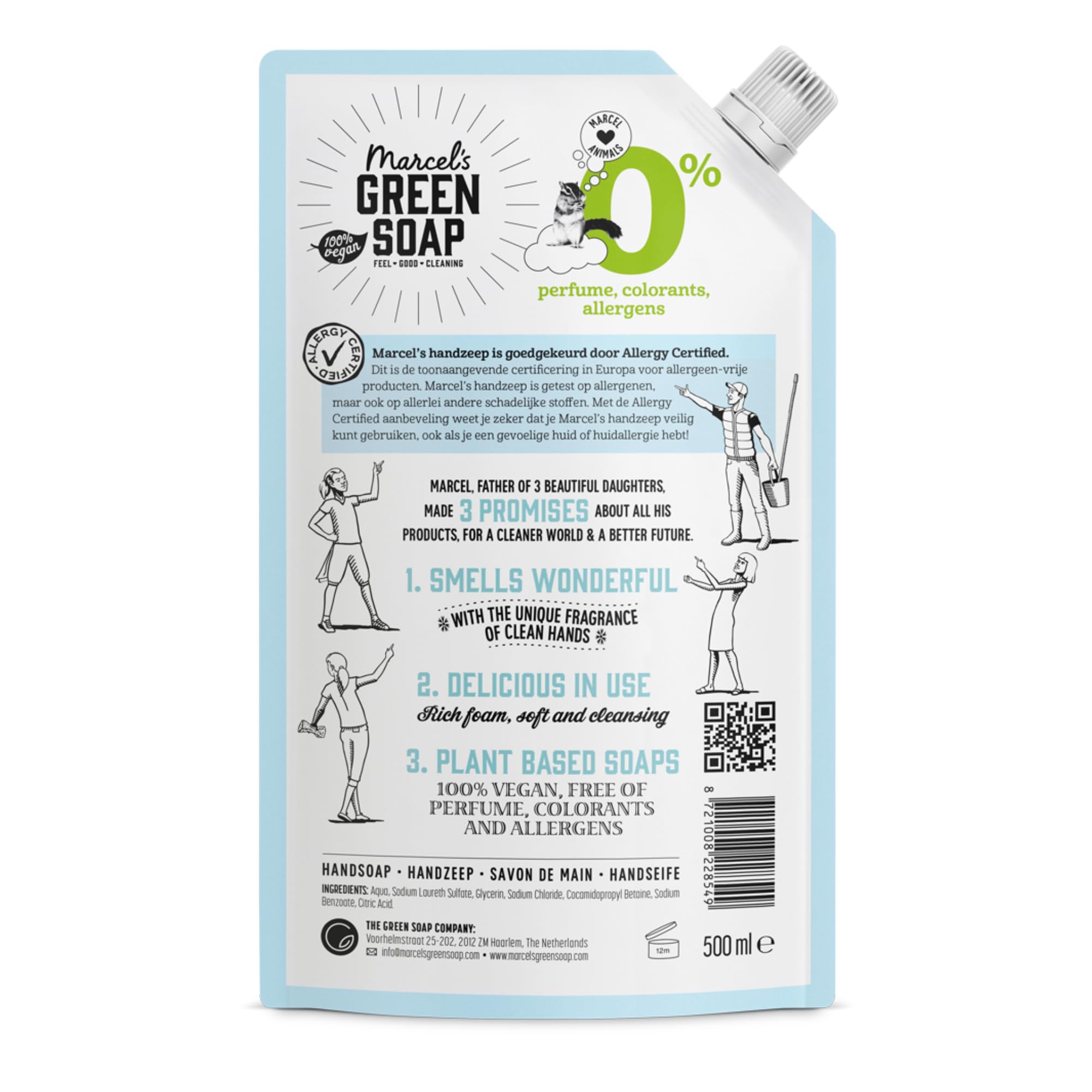 Marcel's Green Soap - Sapone per le mani 0% di ricarica - Ricarica per lavaggio a mano - Dispenser per lavaggio a mano - Vegano - 97% biodegradabile - 3000 ml, 500 ml (confezione da 6)