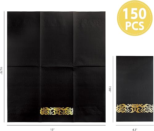 Miniatura 3 de WDF Paquete de 150 servilletas desechables negras y doradas, servilletas negras de 3 capas con borde dorado, servilletas de papel de Halloween,