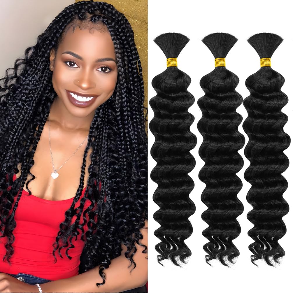 Human Braiding Hair, 3 Bundle 150g 18 Inch Boho Braids Human Hair 10A Deep Wave Bulk Brazilian Virgin No Weft Wavy Hair Extension for Boho Knotless