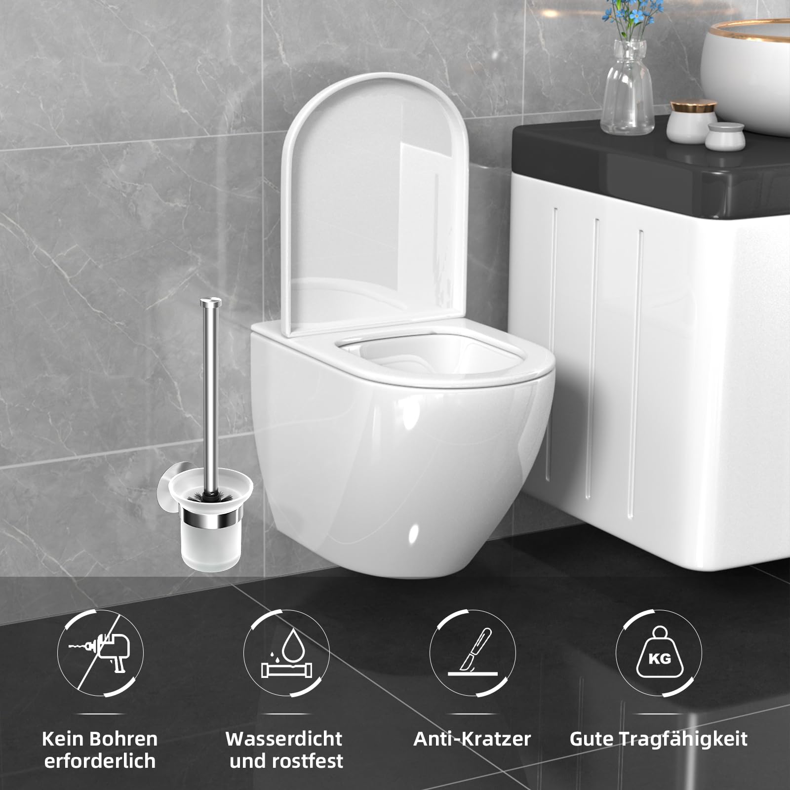 Escobilla de baño sin taladrar pared, color plateado, juego de 2 unidades