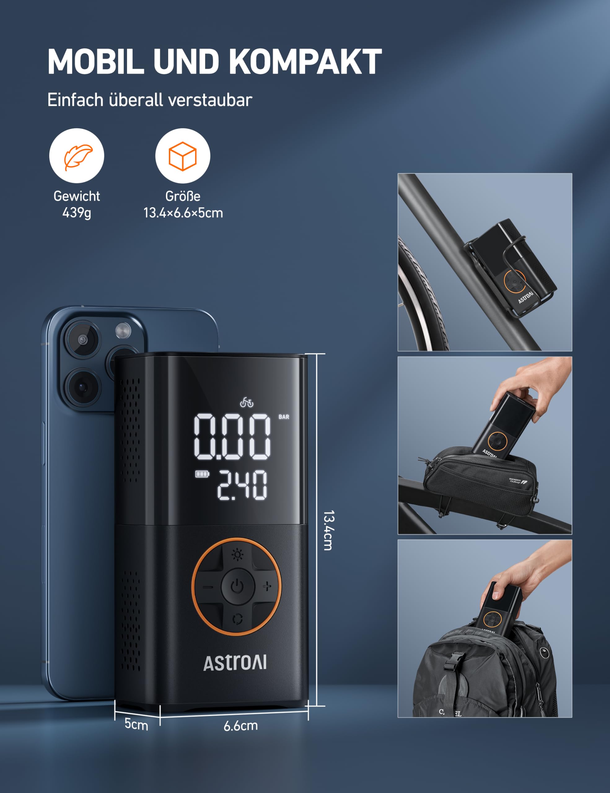 AstroAI Kabelloser Elektrische Luftpumpe, Tragbare Akku Fahrradpumpe mit alle ventile, LED-Licht, Wiederaufladbare Reifenpumpe für Fahrrad, E-Bike, Auto, Motorrad, Bälle, Schwarz - 3