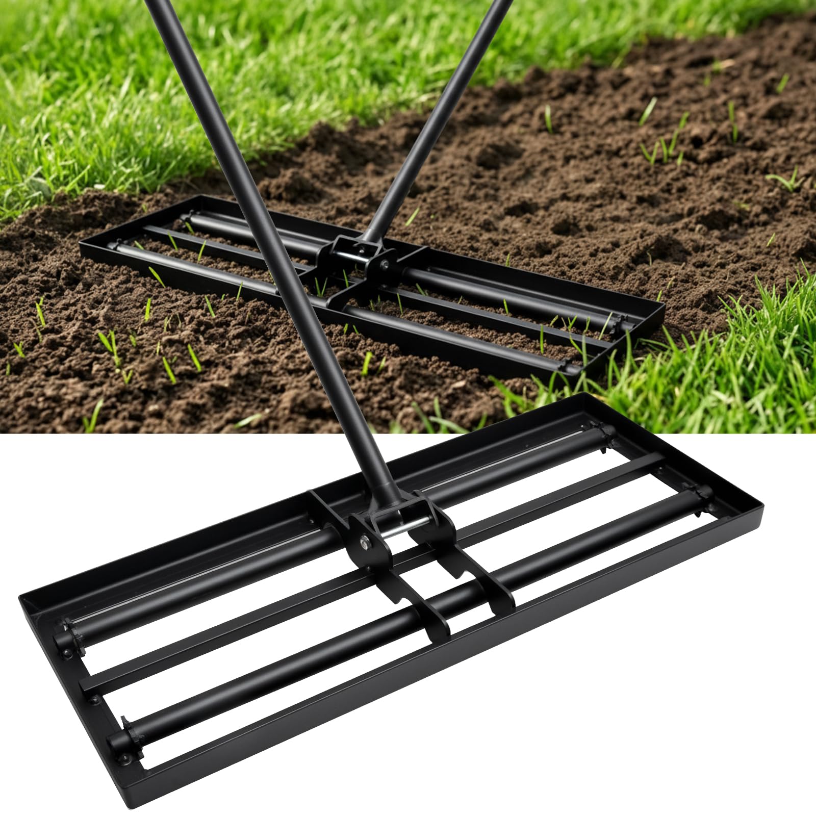 TOOLMAYS Lawn Levelling Rake, 76x25cm Lawn Lute with Rolling Head, 207cm Adjustable Handle, Heavy Duty A3 Steel Lawn Leveller Lute for Soil Sand Dirt, Garden Golf Course Leveling