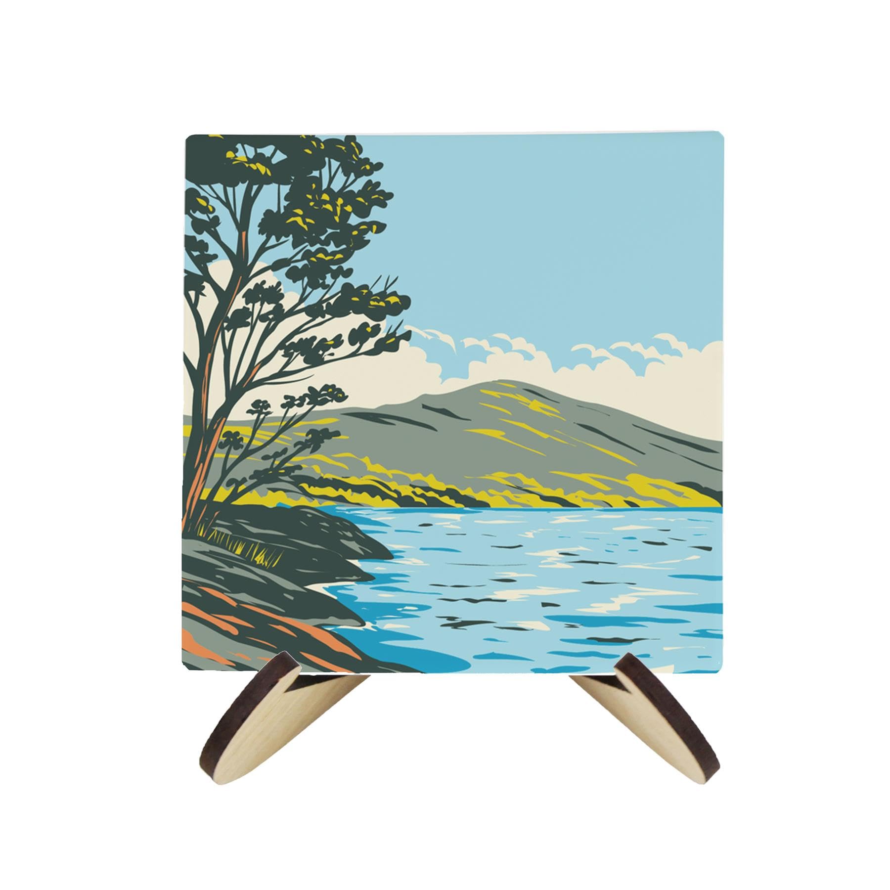 Scottish Lochs Ceramic Coaster Set - UK Scottish Landmarks/Landscapes Square Set of Four (4) Coasters Gift & Wood-Effect Coaster Stand