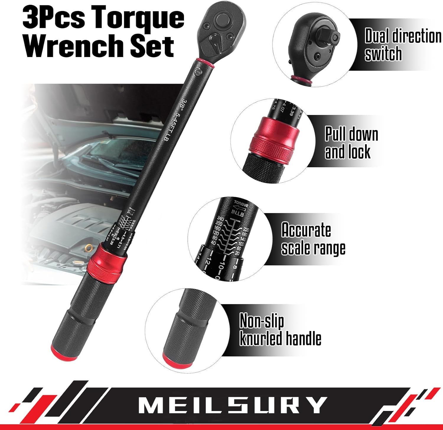 3-piece Torque wrench set includes sizes of 1/4, 3/8, and 1/2-inch Drive. The 72-Tooth Dual Scale Torque Wrench has Dual Range Scales in FT.LB and N.M for precise Bike, Moto, and Car Repair