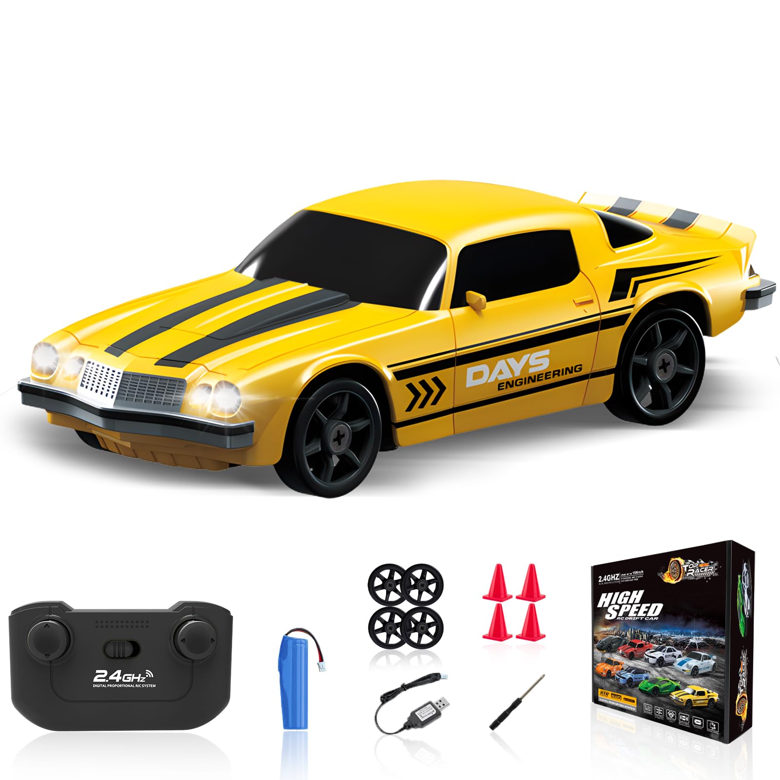 YUAN PLANRC Drift Car 1/24 2.4GHz Remote Control Car 4WD High Speed Drifting RC Cars with Light Rechargeable Battery and Drift Tires Racing Cars Toys for Kids Adults Girl Boys, Yellow