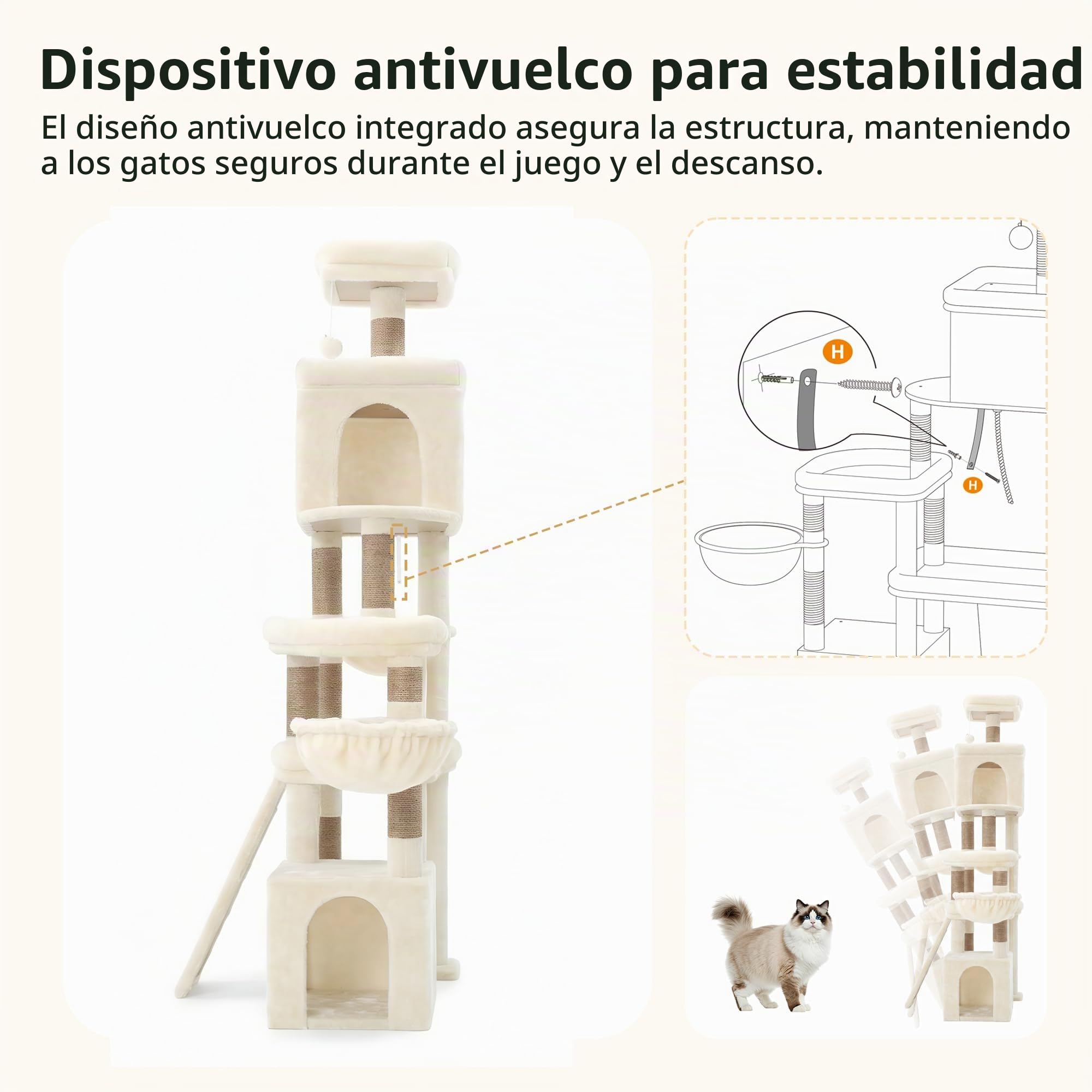 Heybly Rascador para Gatos, 184cm Árbol Rascador Grande con 3 Amplias Plataformas, 2 Cuevas, 2 Cestas Y Una Almohadilla Rascadora De Sisal Extragrande, Una Torre De Juego Estable, Beige HCT060MJ