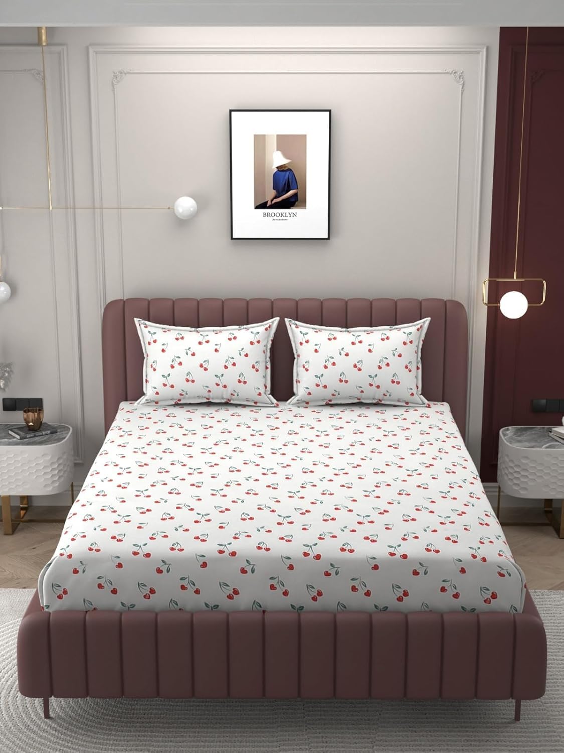 CLiDE Red Cherry Glace Cotton Bedsheet Set - Luxury Double Bedding -2