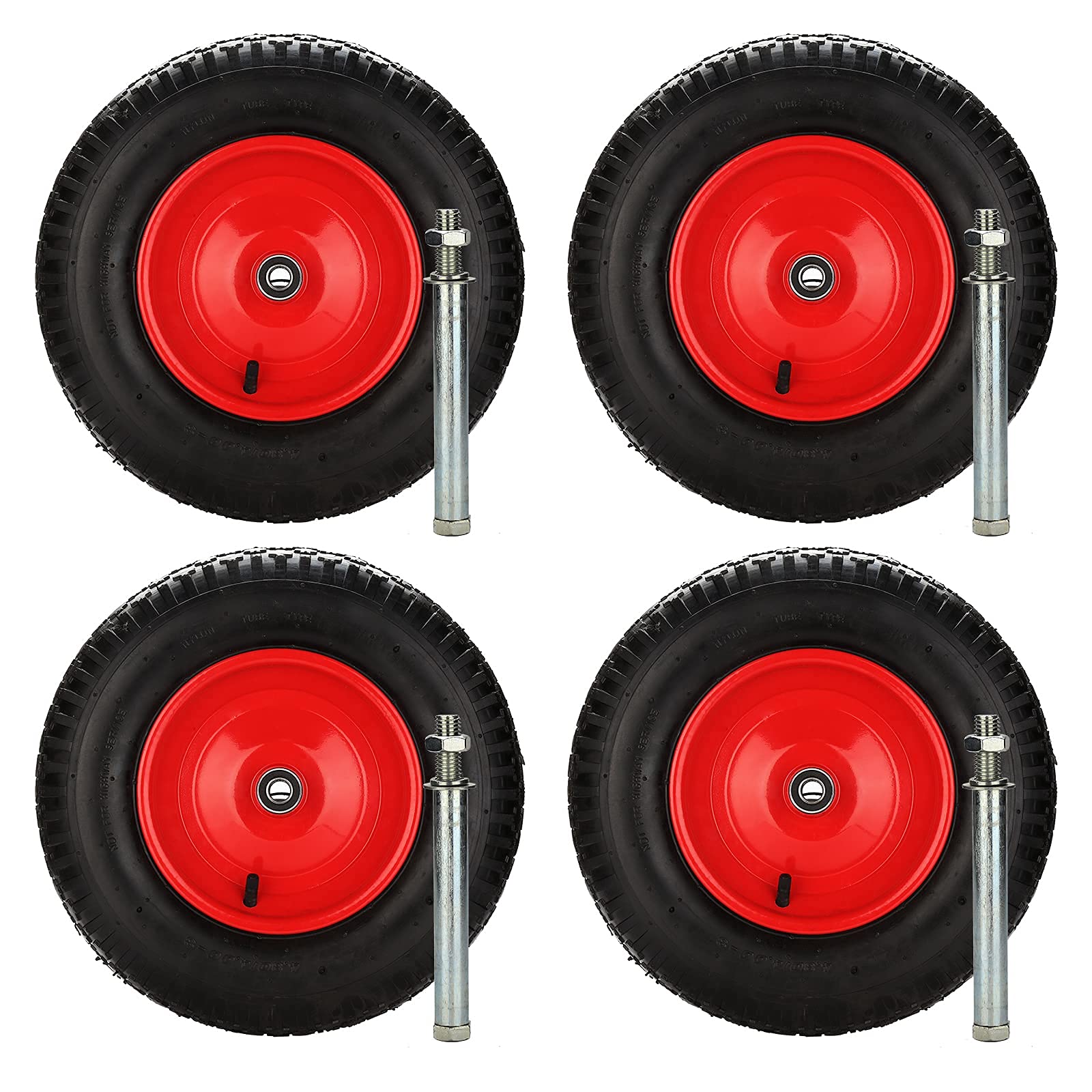 Koło do taczki, opony pneumatyczne z osią, 4,80/4,00-8, Ø 390 mm, 200 kg wraz z osią, koło zapasowe, opony do taczki, odporne na przebicie, koła z poliuretanu, zestaw 4 sztuk