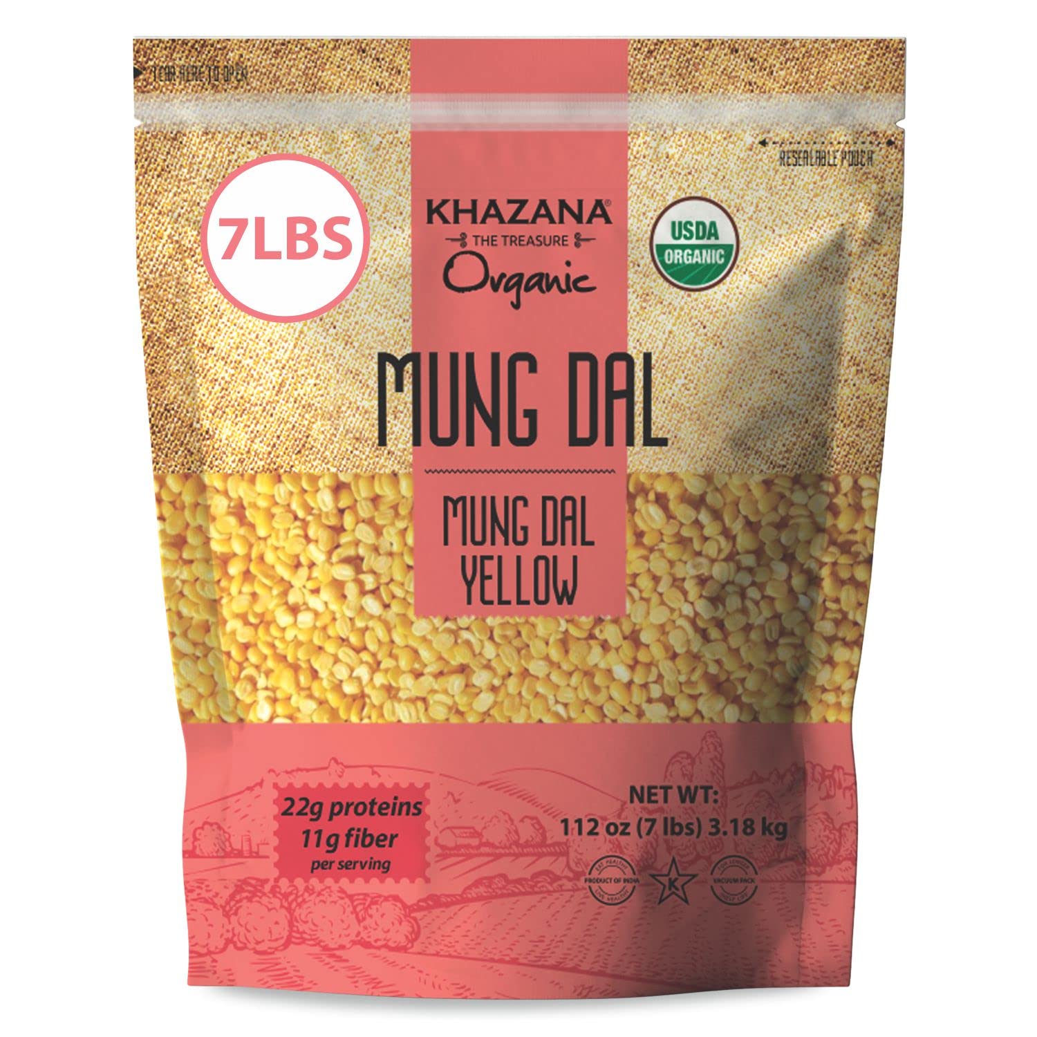 Khazana ORGANIC Mung Dal 7lb - Yellow Petite Split Beans | Non-GMO, Gluten Free & Kosher | Authentic Lentils From IndiaUSDA Organic