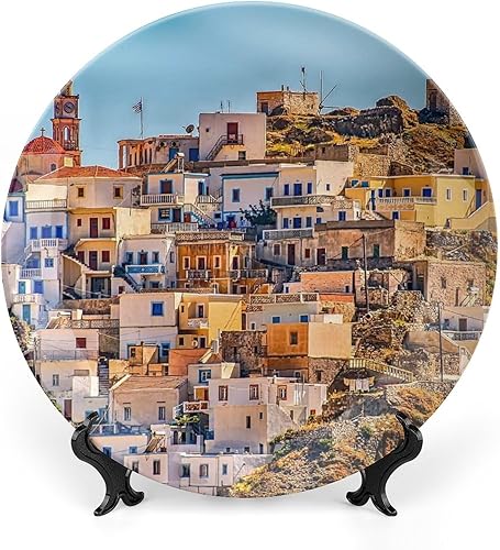 Plato colgante decorativo de paisaje de pueblo de Grecia, decoración del hogar, decoración del hogar, recuerdo, arte de pared, plato de cena de