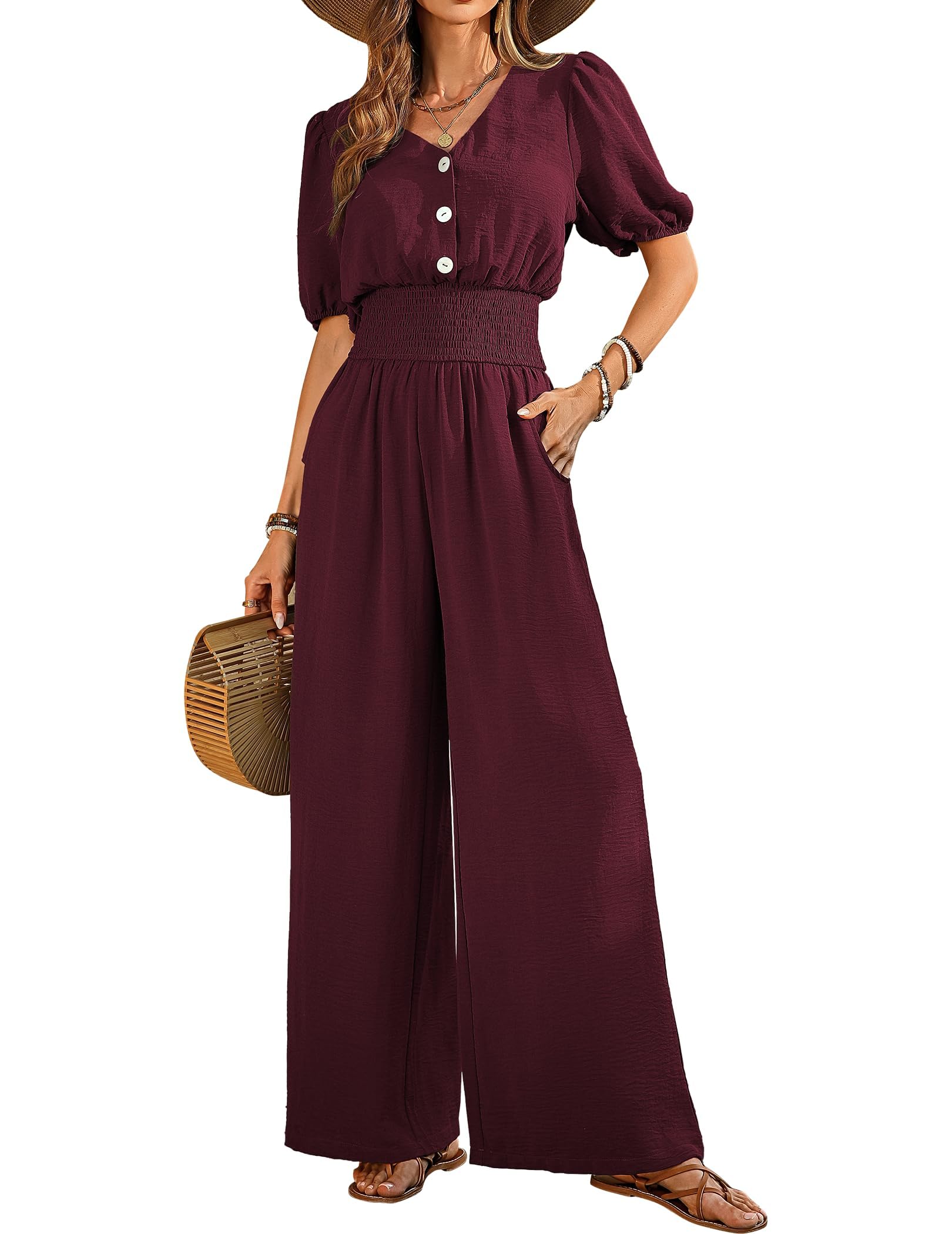 Salopette Donna Estiva Maniche Corte Scollo a V Elegante Tuta Lang Tutina Jumpsuit Gamba Allentata Con Tasche Pagliaccetto Spiaggia Vacanza Outfit