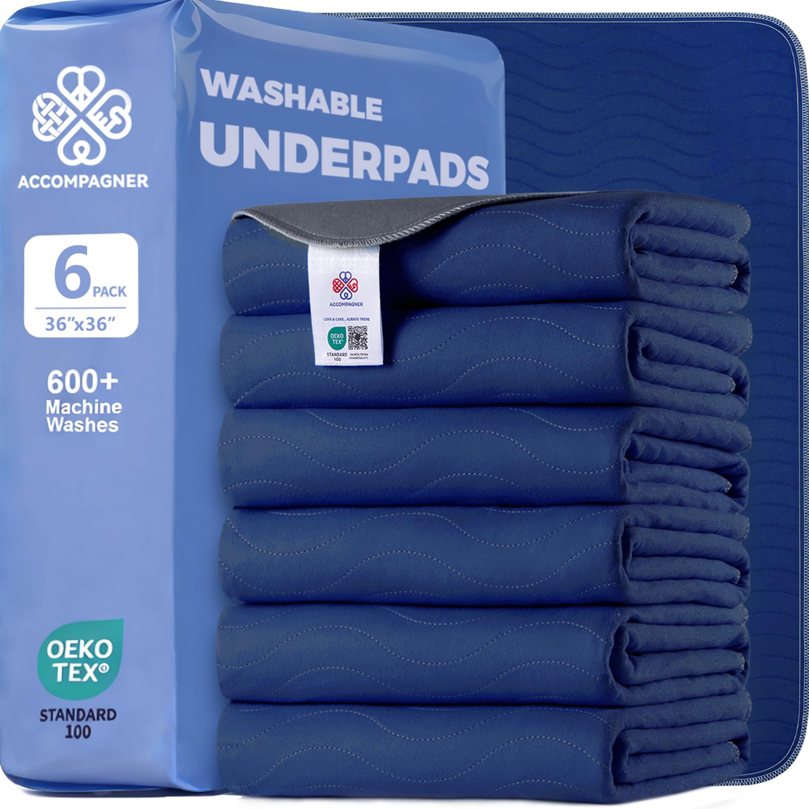 Accompagner Incontinence Bed Pads Washable Waterproof, Ultra-Absorbent Reusable Underpads for Diaper Changing, Nursing, Bedridden, Adults, Seniors, Kids and Dogs (Navy, 36"x36"(Pack of 6))