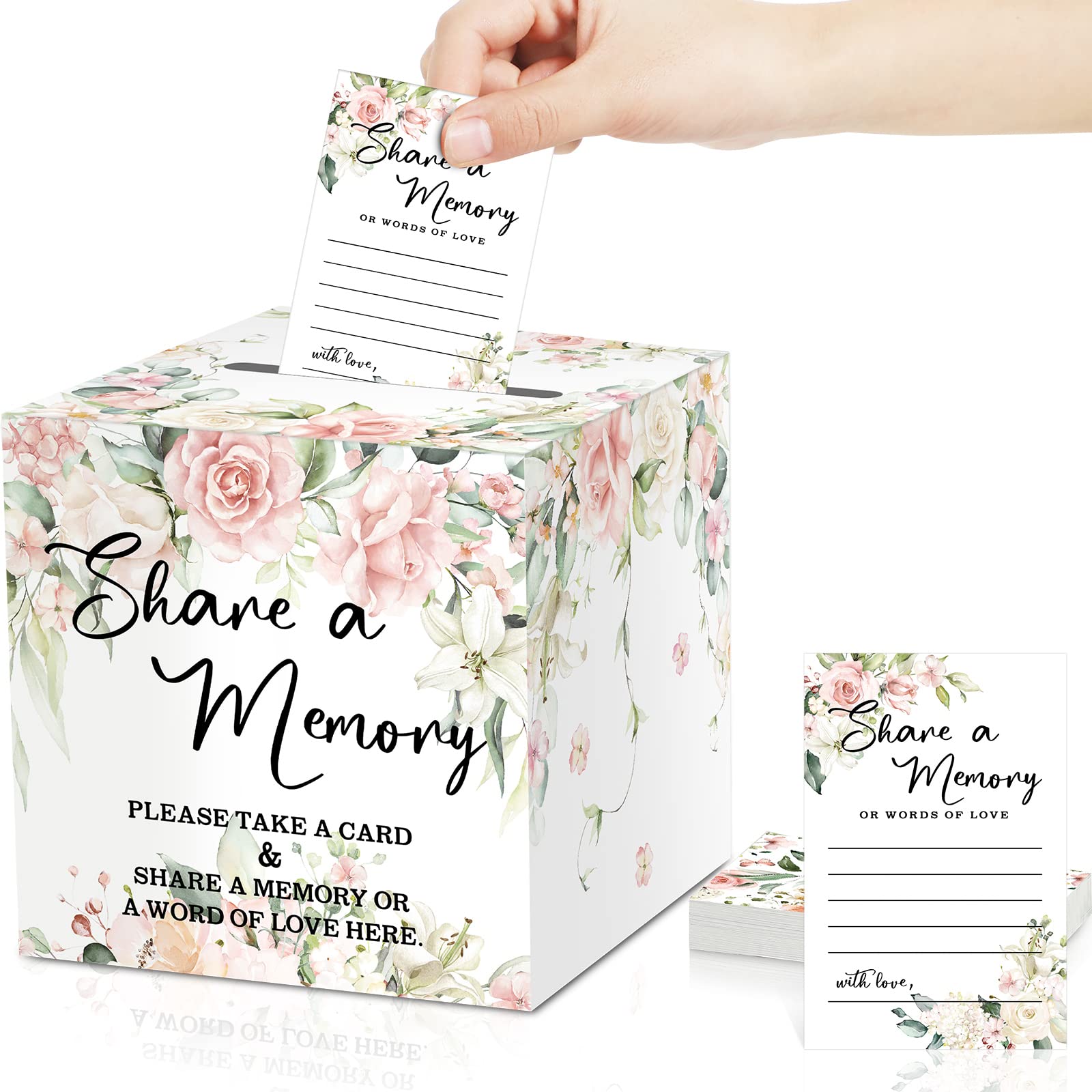 Tatuo 50 Pcs Greenery Share a Memory Cards for Collections of Life, Memory Cards Box Guest Ideas Pink Flower Box for Funeral Graduation Wedding Bridal