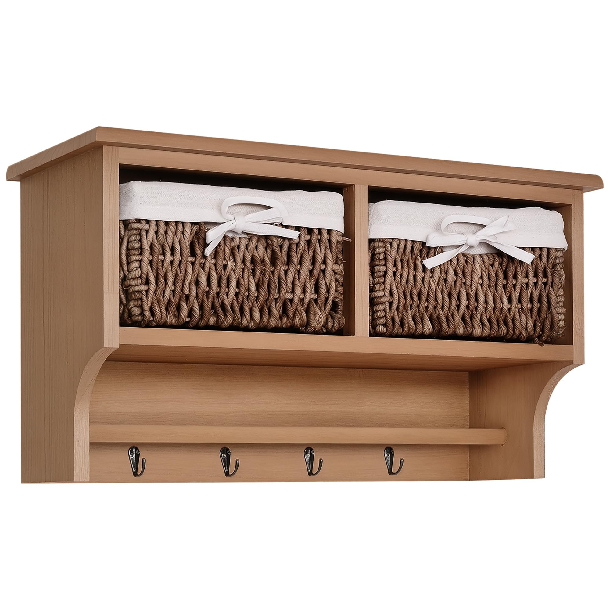 HOMCOM Entryway Coat Rack Wall Mounted Shelf w/ 2 Corn Husk Baskets and Hooks, Brown