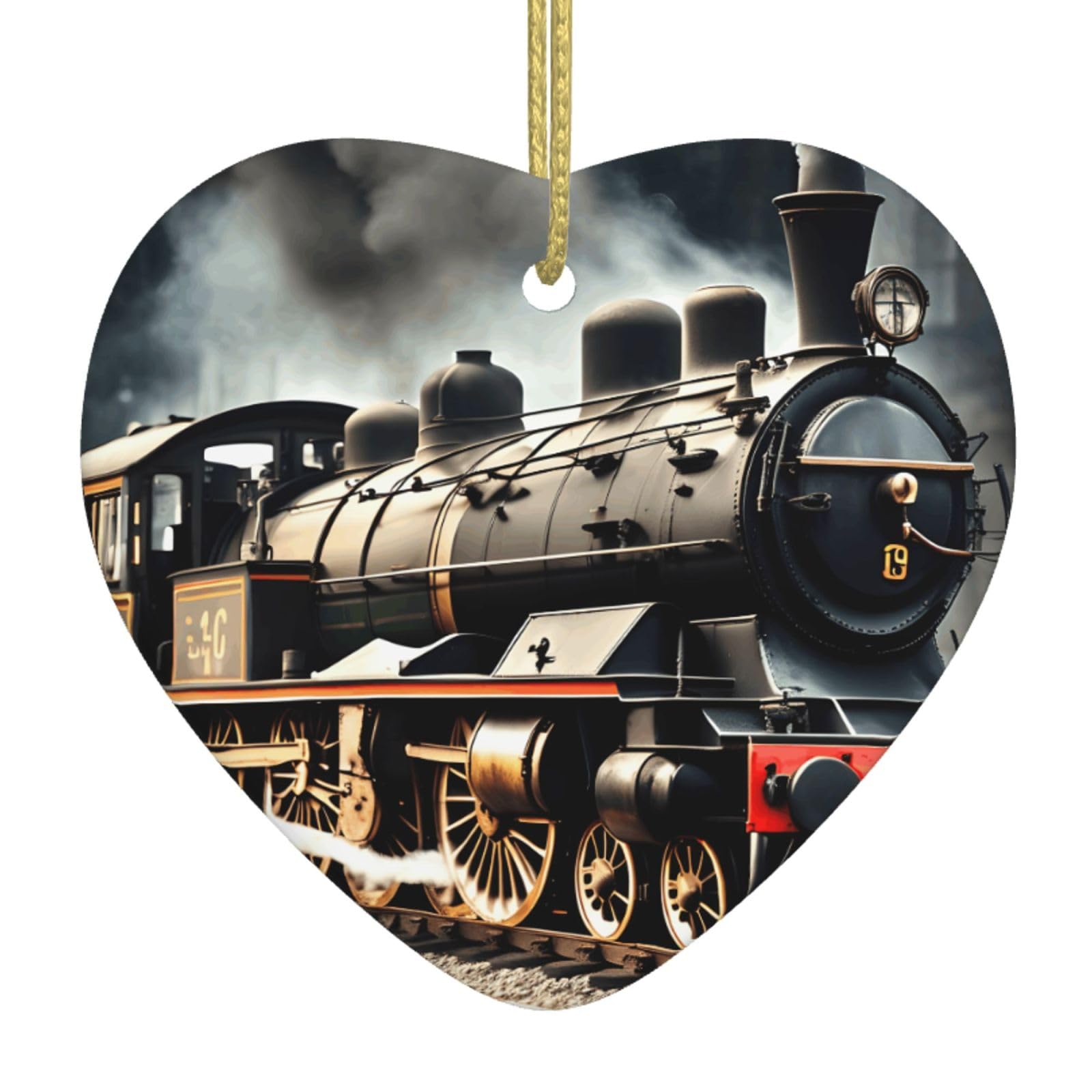 Nbtghga White Steam Locomotive Train Print Christmas Ornaments, Ceramic Hanging Ornament, Xmas Tree Decoration, Holiday Home Decor