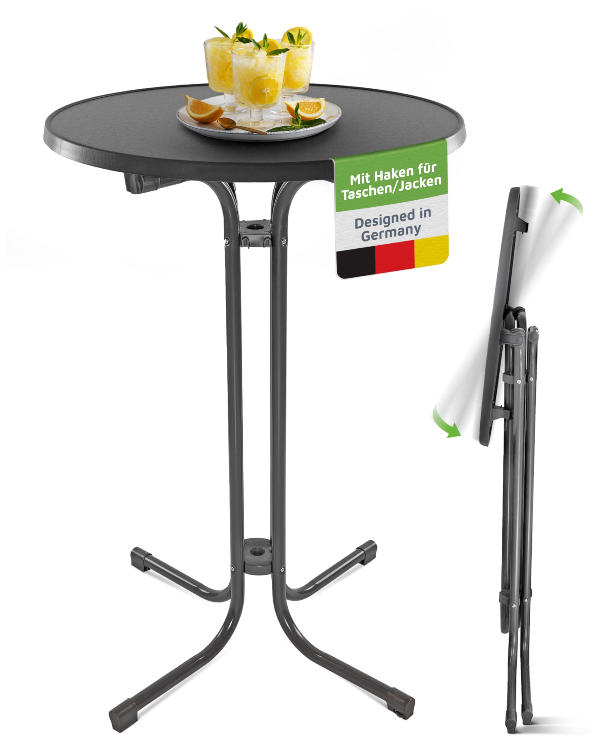 BeFair Stehtisch Klappbar Anthrazit, 80 cm Rund, Nico - Stabiler Bartisch in Höhe 110 cm mit 4 praktischen Haken für Jacken oder Handtaschen - Wetterbeständig, mit kratzfester Tischplatte