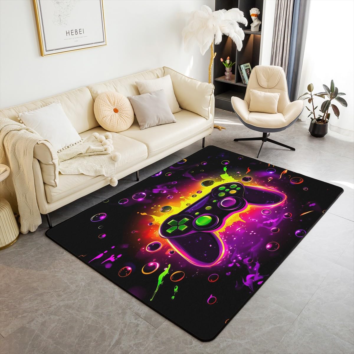 Loussiesd Dywan do salonu dla graczy, 150 x 200 cm, gamingowy dywan akcentujący dla chłopców, dziewcząt, nastolatków, nowoczesny kontroler konsoli do gier, mata podłogowa, joystick, czarno-fioletowa,