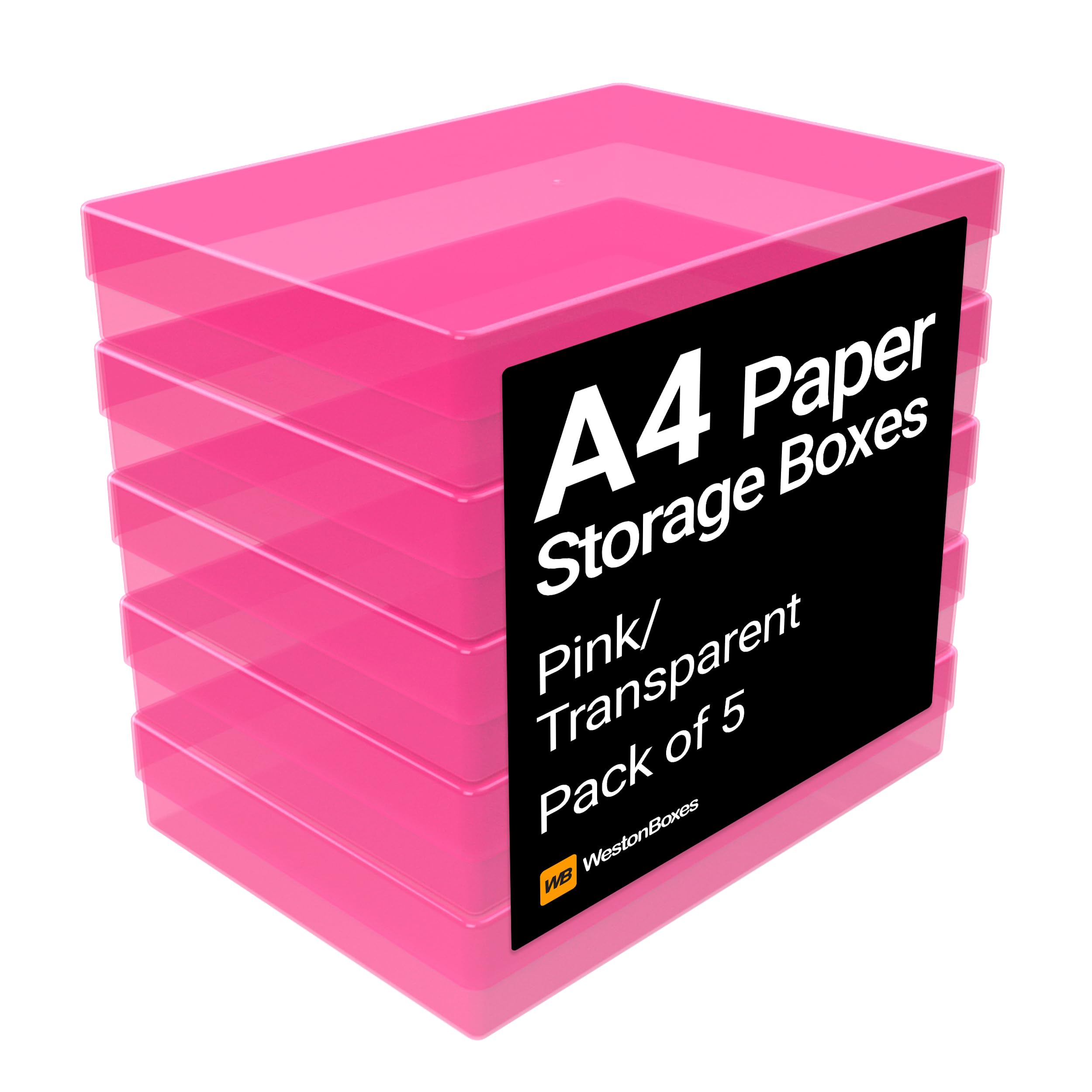 WestonBoxes A4 Colourful Transparent Plastic Craft Storage Boxes with Lids for Art Supplies, Paper and Card (Pink/Transparent, Pack of 5) — image 1