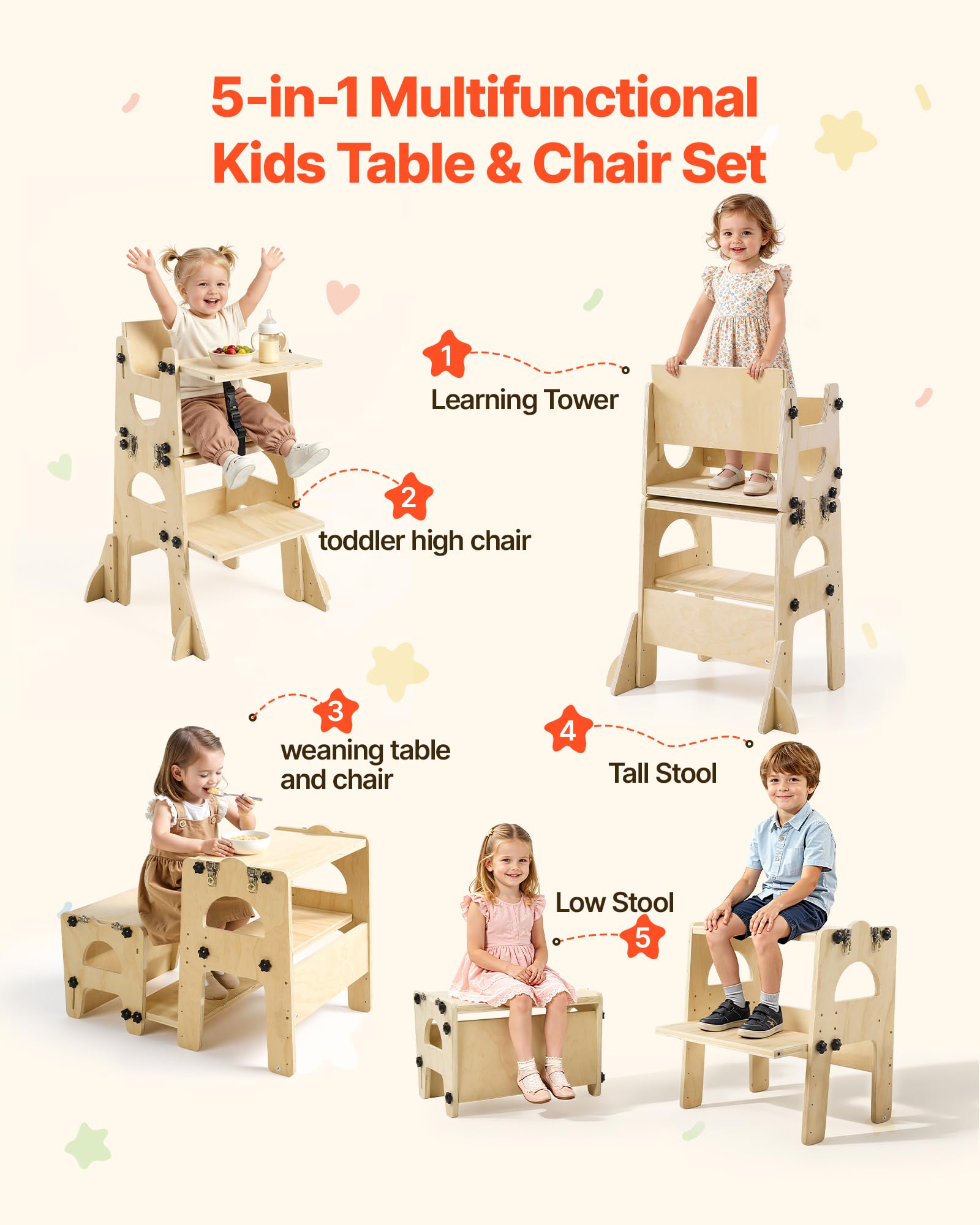 VEVOR Torre de Aprendizaje Montessori Plegable para Niños Multifuncional | Torre Ayudante de Cocina Infantil, Juego de Mesa y Silla Convertible para Bebés de Madera, para Destete Comer Jugar Dibujar