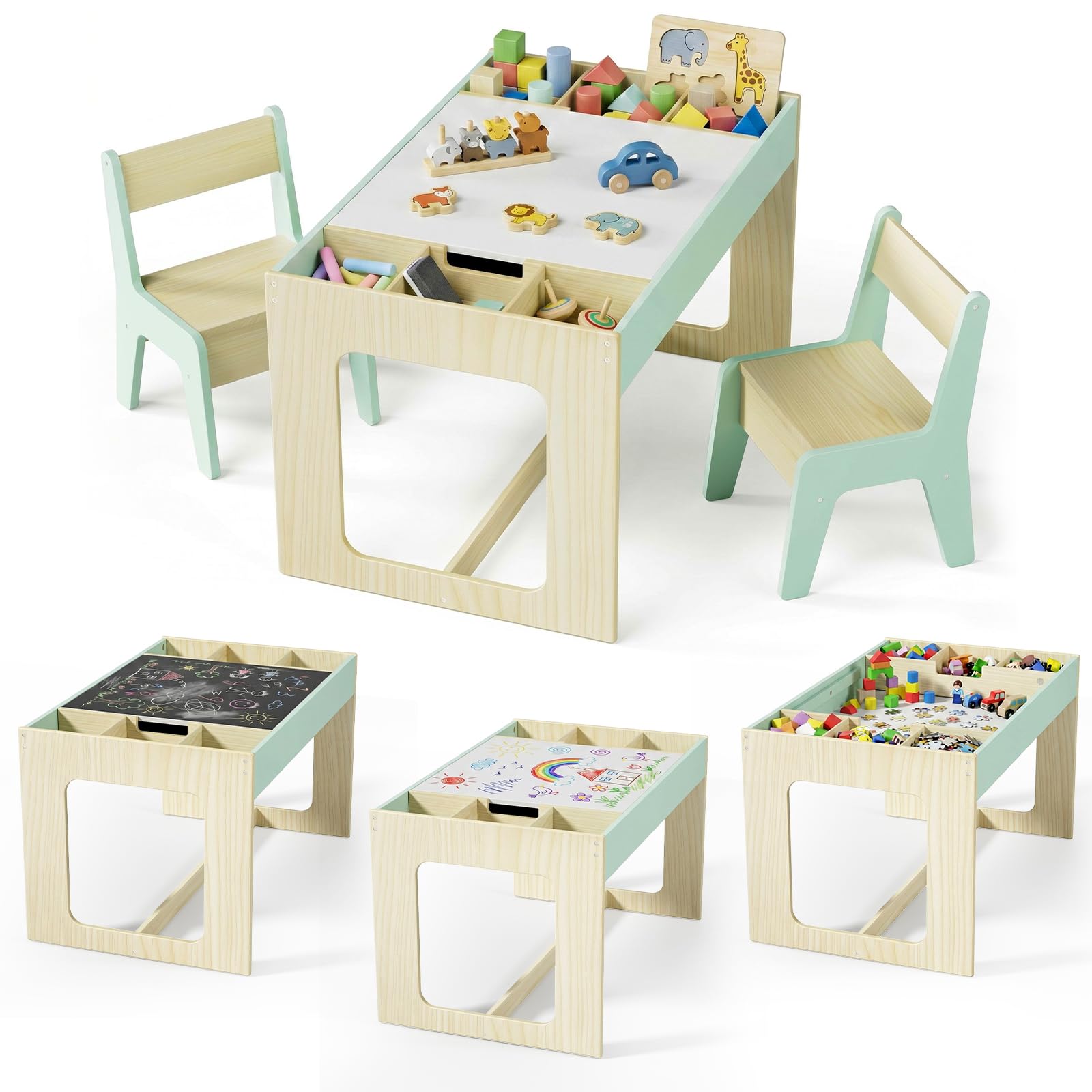 MAMIZO Table Enfant avec Rangement, Table Enfant en Bois avec 2 Chaises, avec Plateau de Réversible, pour la Garderie l'école, Dessiner Jouer, Bureau pour 3 Ans +, Couleur de Bois avec Vert