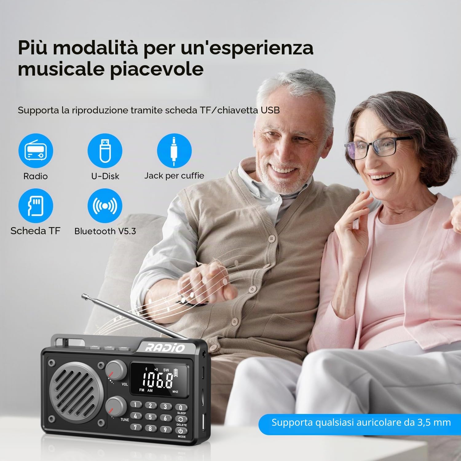 Radio Portatile AM/FM/SW con Bluetooth Piccola Radio Ricaricabile con Altoparlante, Funzione Timer e Porte USB/TF/AUX Per Cucina, Camera da Letto e All'aperto