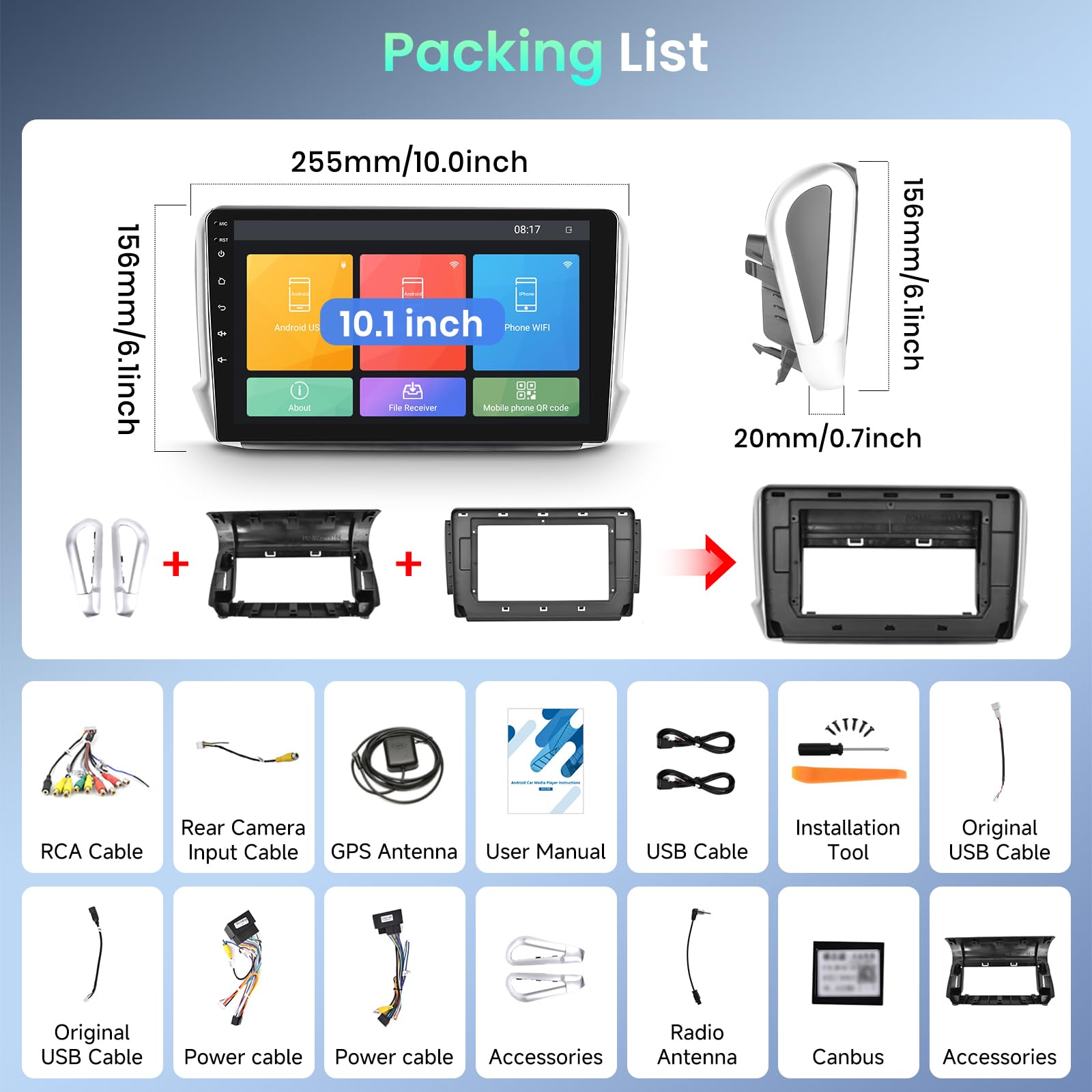 Podofo Android Autoradio GPS per Peugeot 208/2008 2012-2018, 10" Touchscreen Wifi Bluetooth FM RDS Radio Dulica Schermo USB Navigazione per Auto Video Stereo Player +Canbus