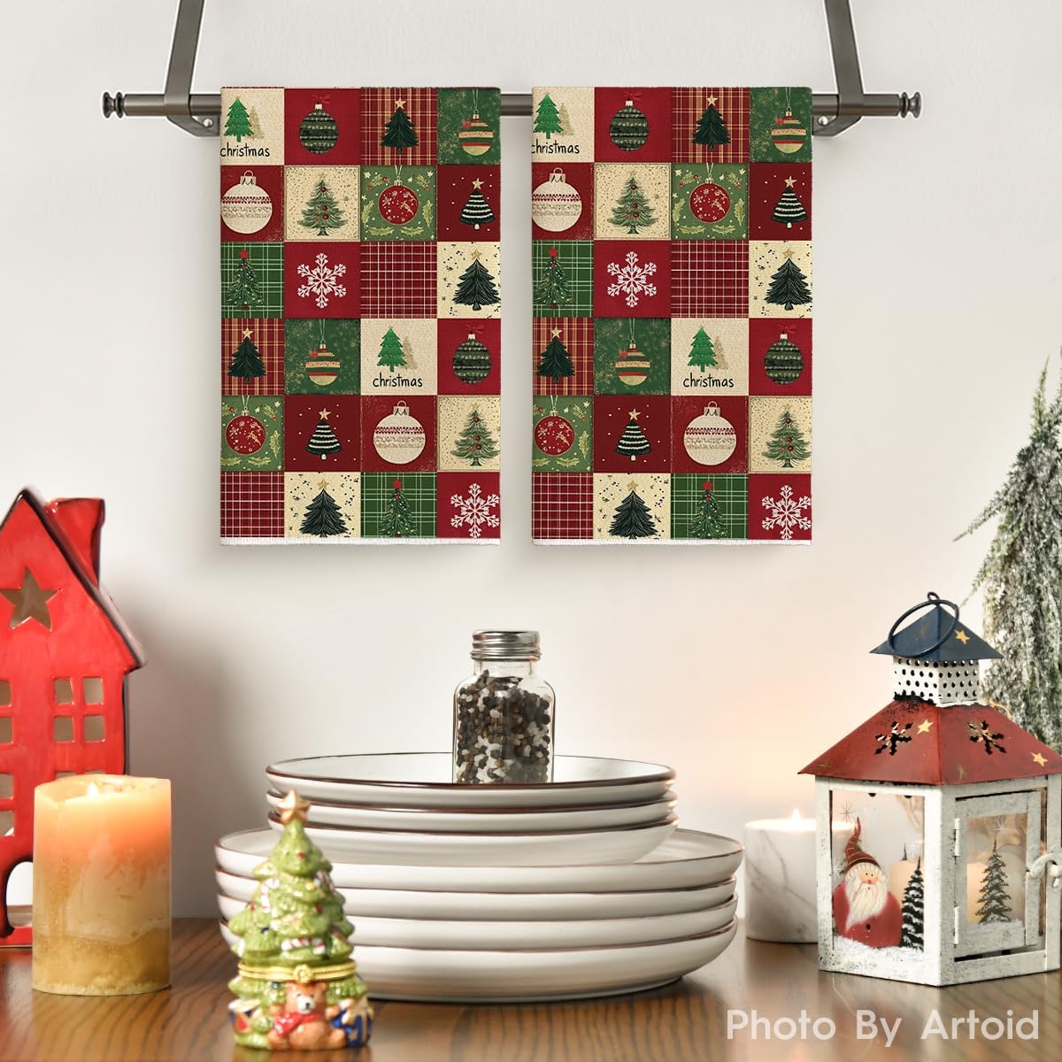 Artoid Mode Checkered Xmas Tree Ornaments Christmas Kitchen Towels Dish Towels, 18x26 Inch Farmhouse Holiday Snowflake Decoration Cleaning Set of 2 - Image 2